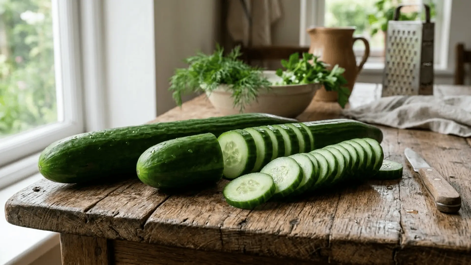 long smooth slicing cucumbers on a wooden table with fresh cut rounds showing crisp pale interior