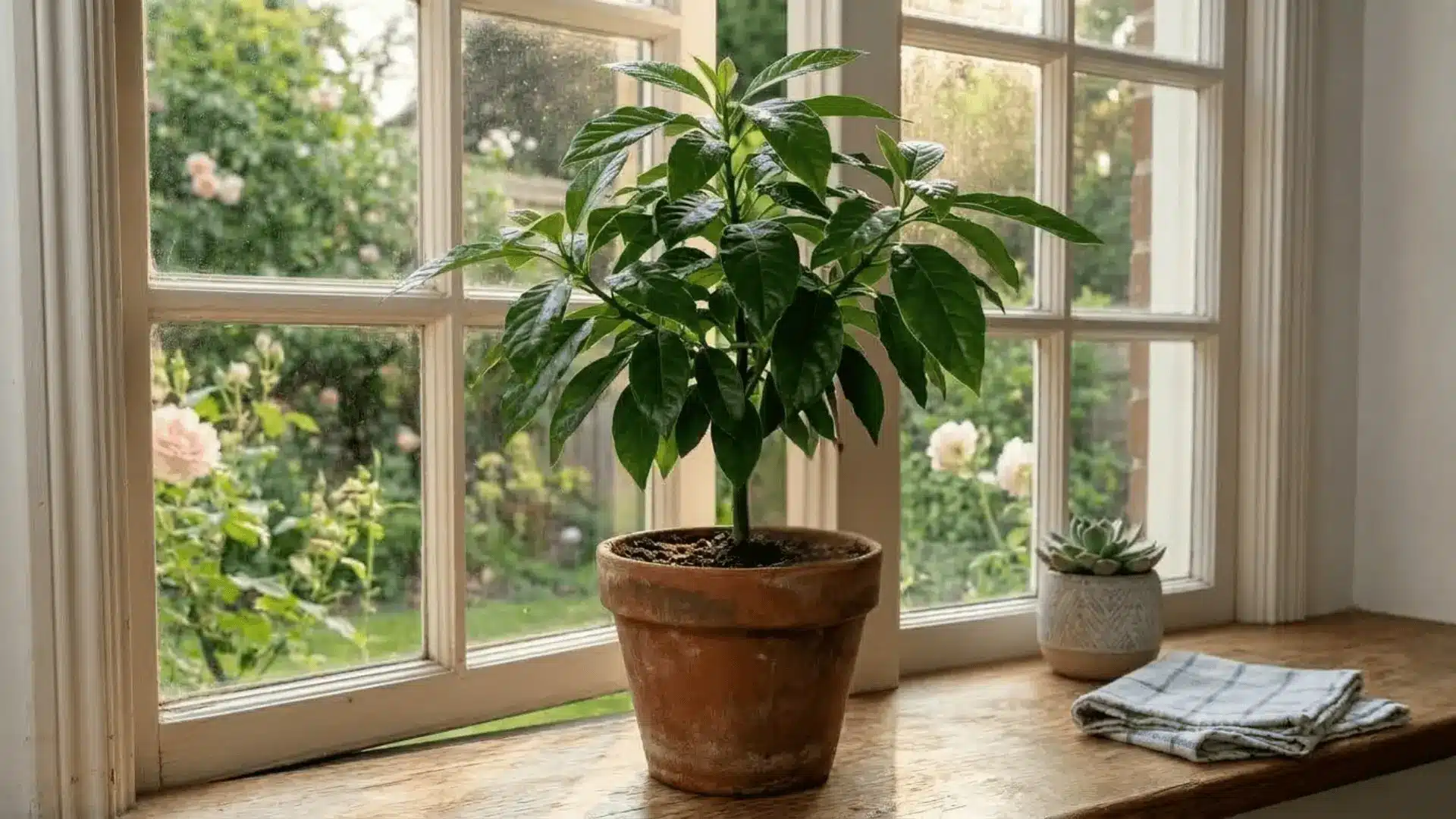 lush bushy avocado plant in a terracotta pot on a wooden windowsill in a bright minimalist indoor space