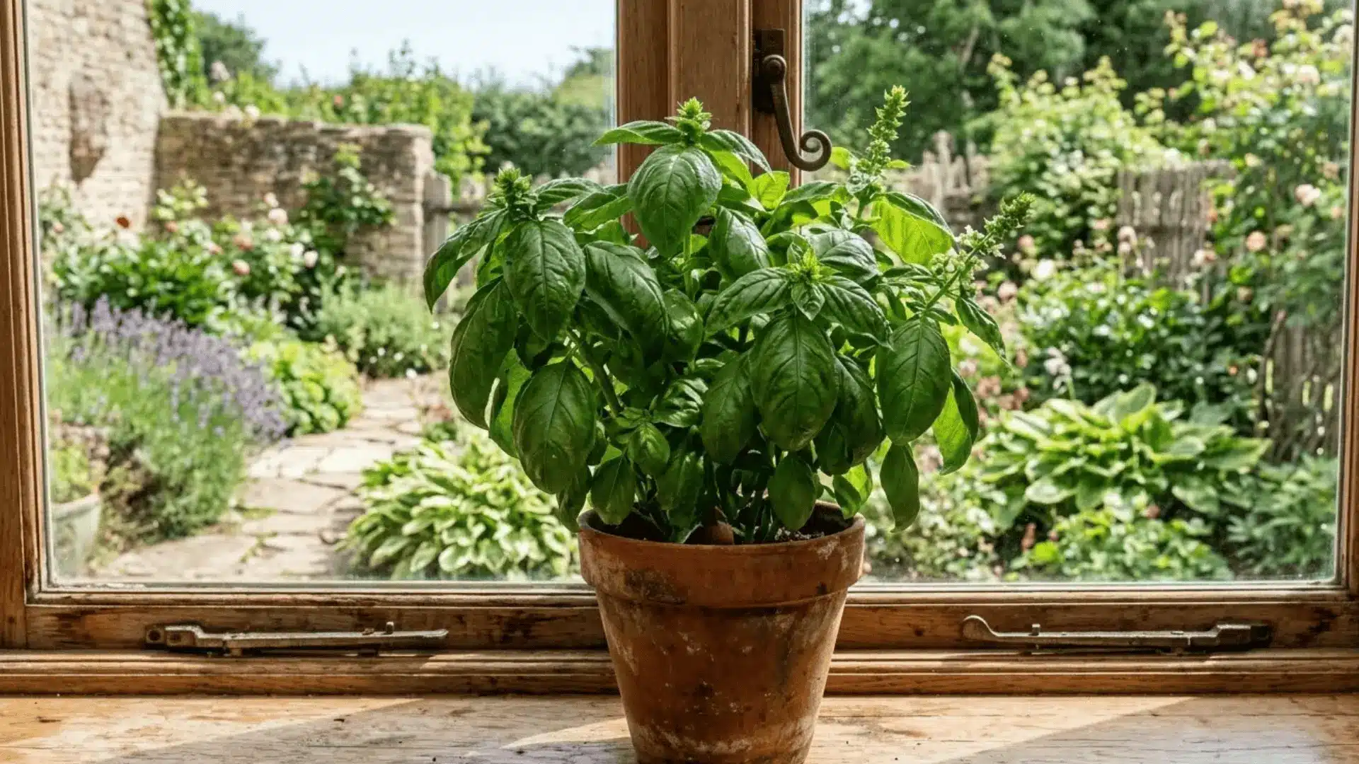 lush green basil plant in a terracotta pot growing on a sunny kitchen windowsill