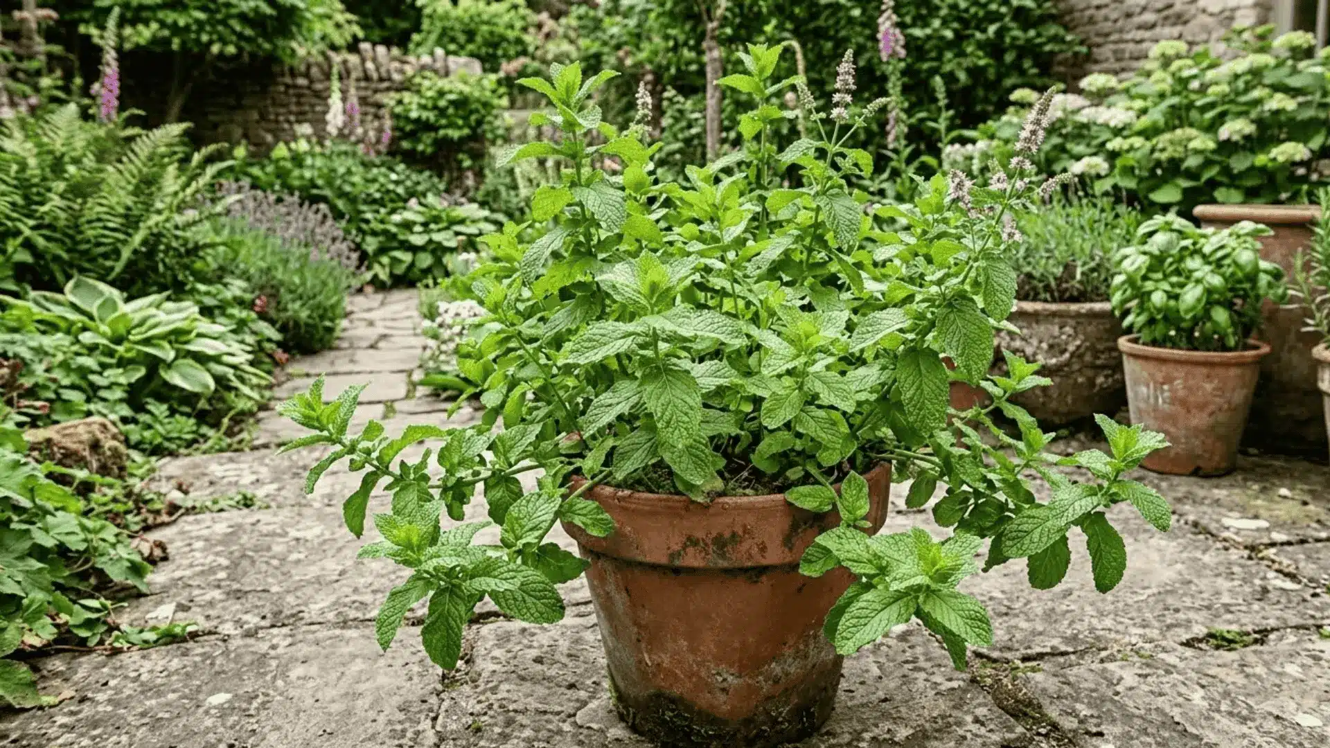 lush green mint plant growing in a weathered terracotta pot on a stone garden surface