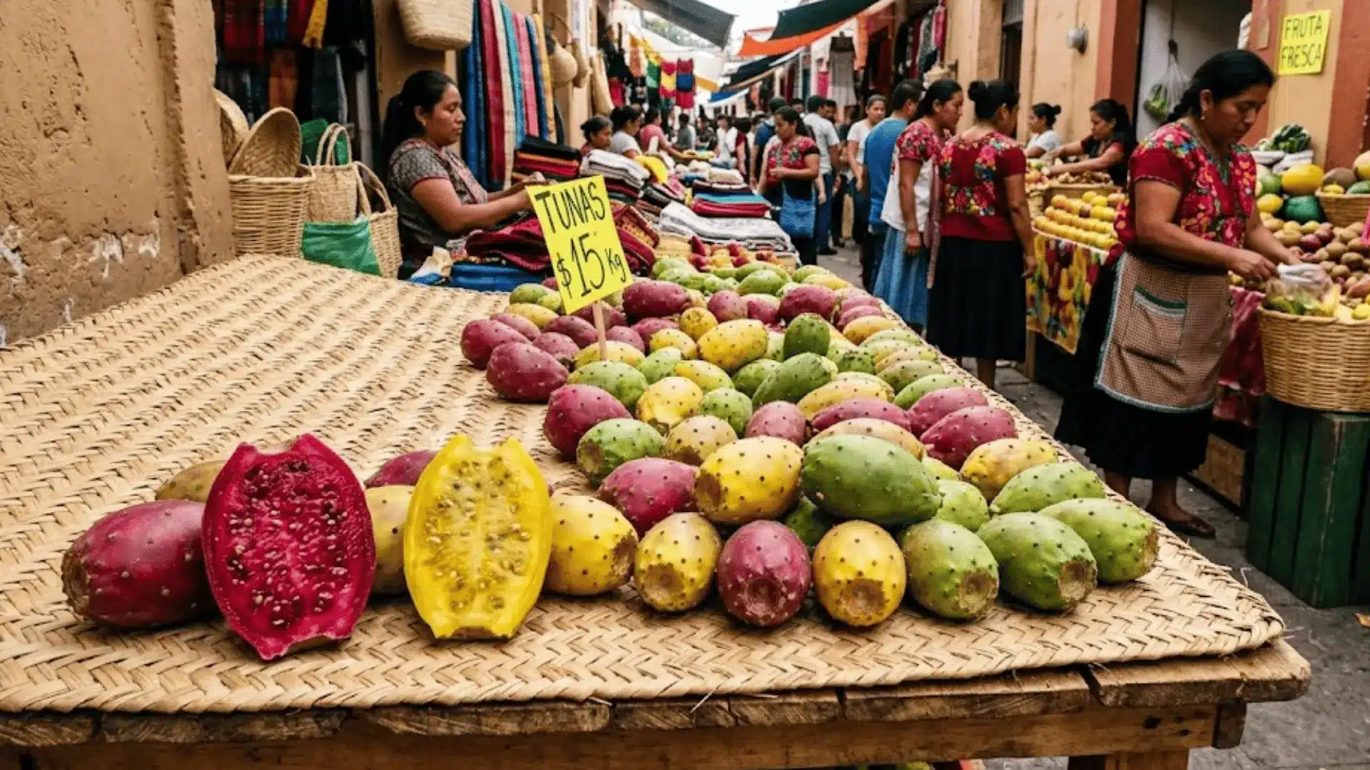 magenta and yellow prickly pears on a woven mat at a central mexican market, two sliced open