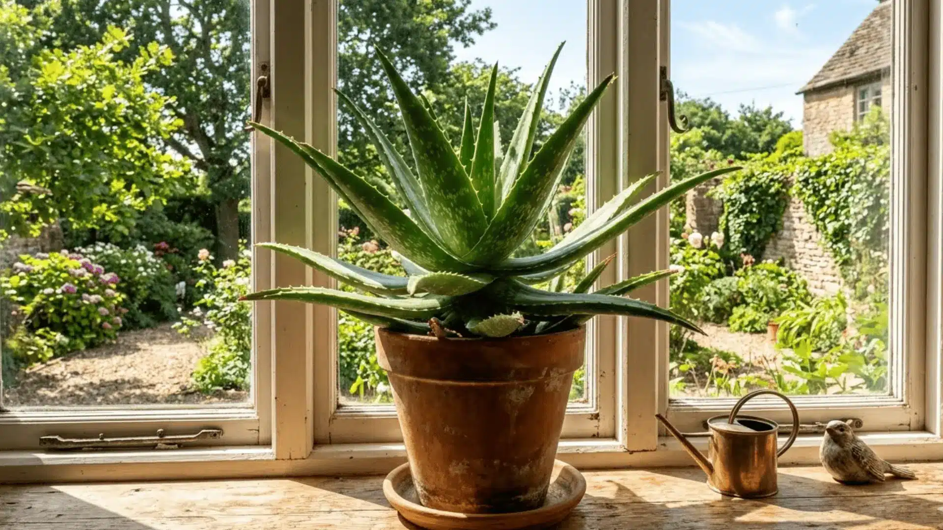 mature aloe vera plant with fleshy serrated leaves in a terracotta pot on a sunny windowsill
