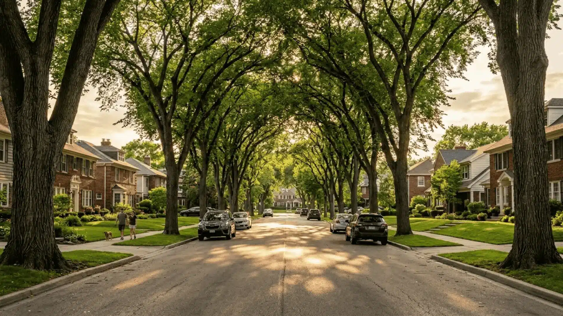mature american elm trees arching over a sunlit residential street in late afternoon golden light