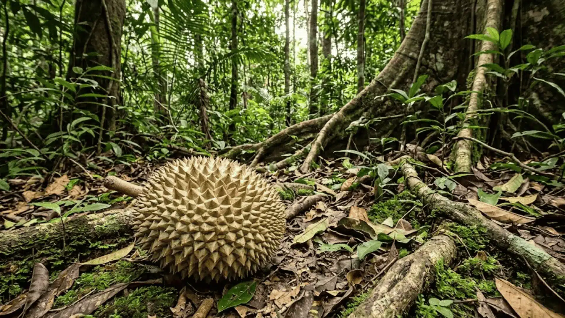 mature durian fruit on the forest floor of a bornean rainforest
