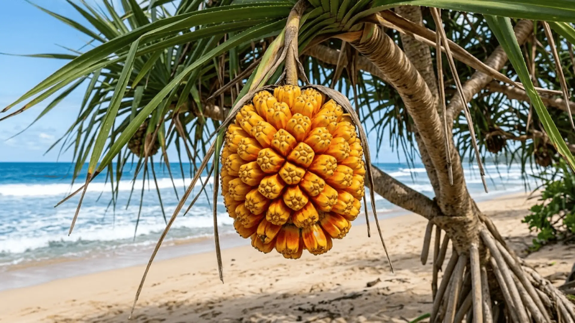 mature hala fruit hanging from pandanus tree on a pacific island coastline