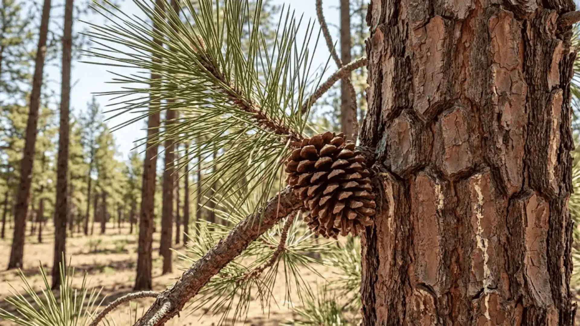 mature pine tree with bundled needles and woody cone in an open sunlit woodland, sharp natural detail