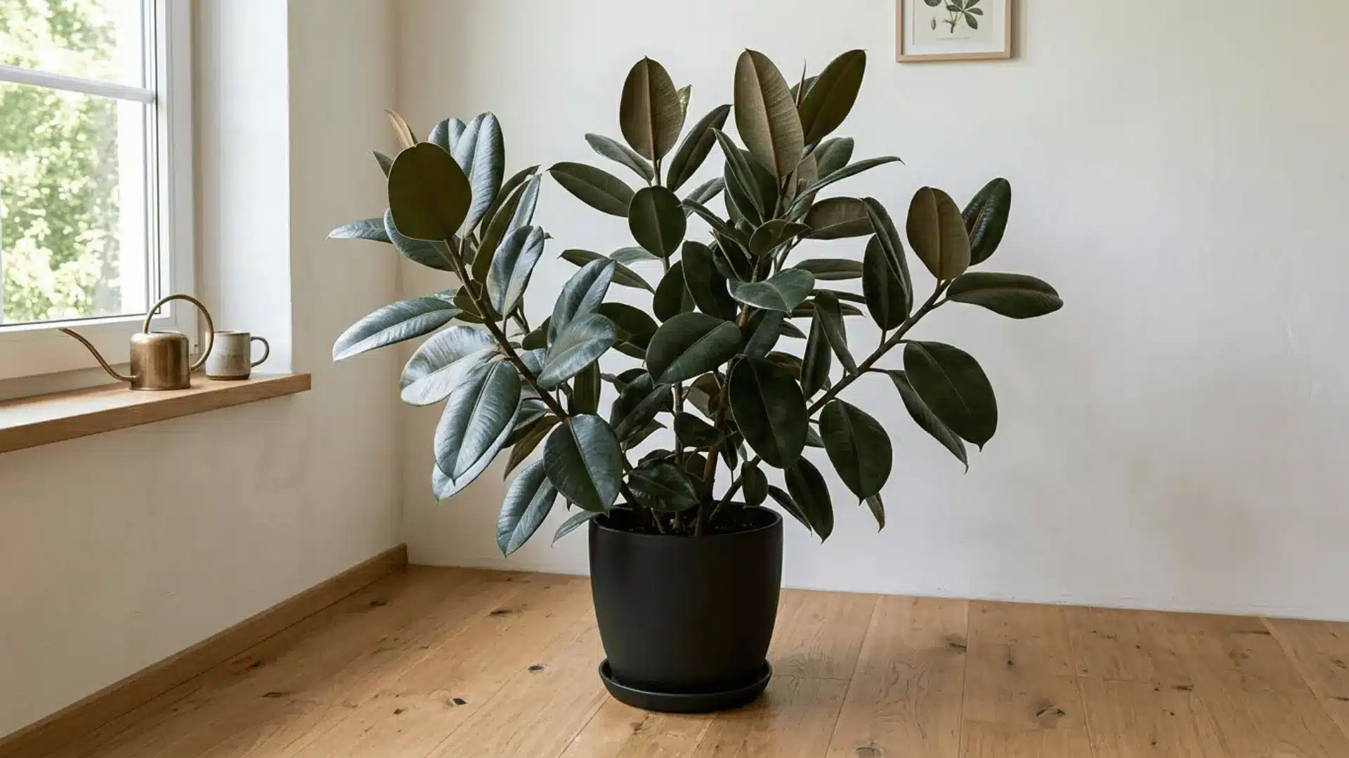 mature rubber plant with large glossy burgundy leaves in a matte black pot on a light oak floor