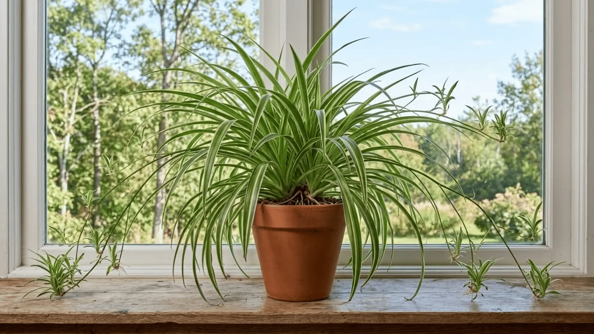 mature spider plant with striped arching leaves and hanging plantlets near a bright natural window
