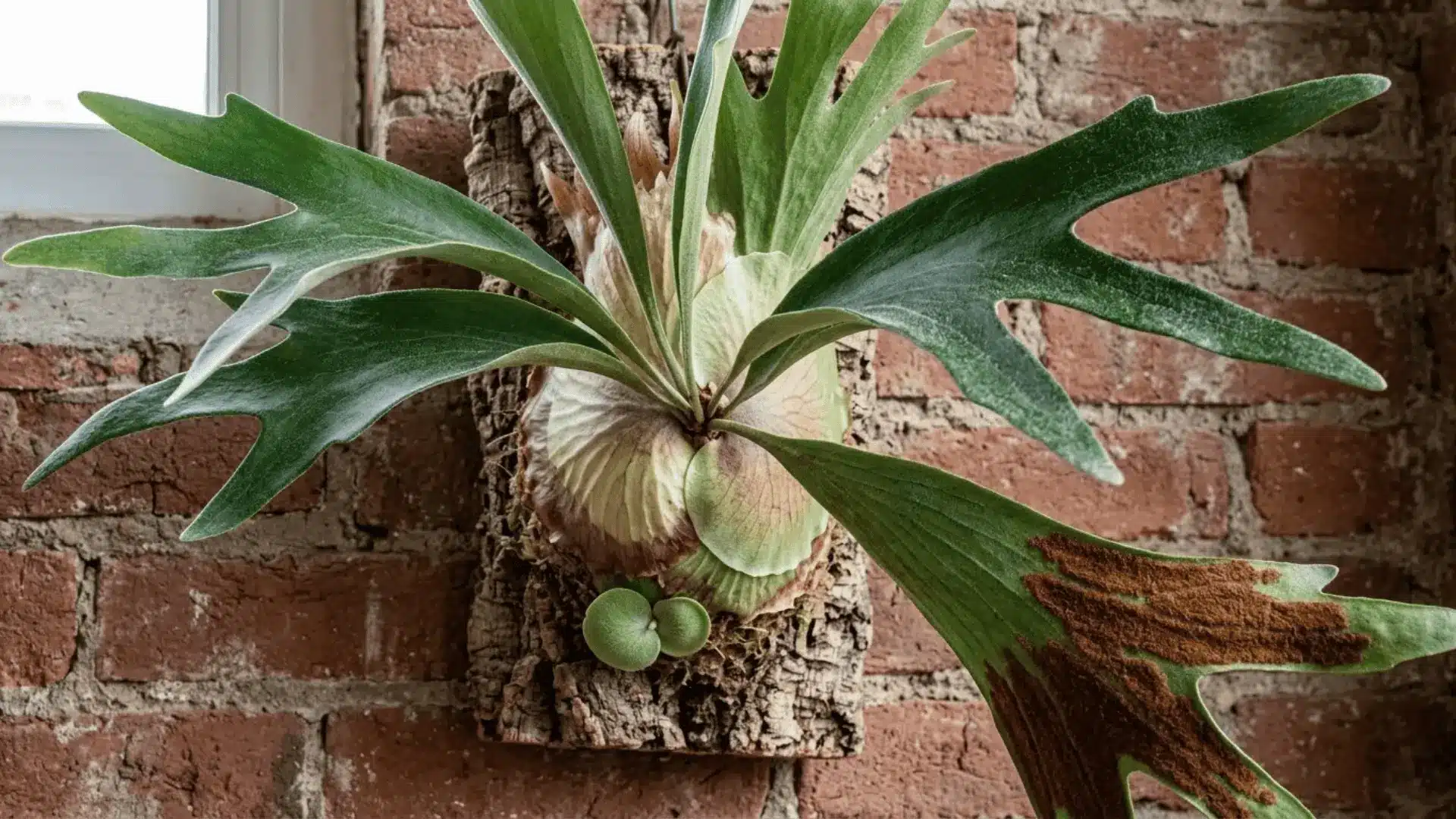 mature staghorn fern on cork bark mount with a small pup emerging at the base and spores visible on frond underside