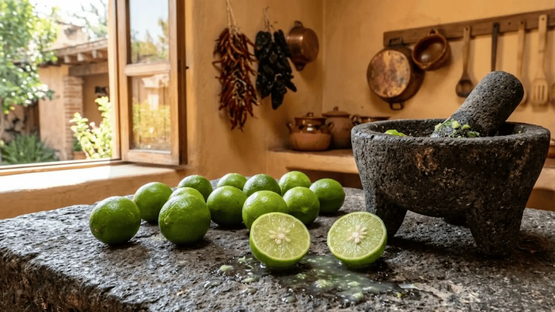 mexican key limes halved on a stone surface beside a molcajete in a sunlit adobe kitchen