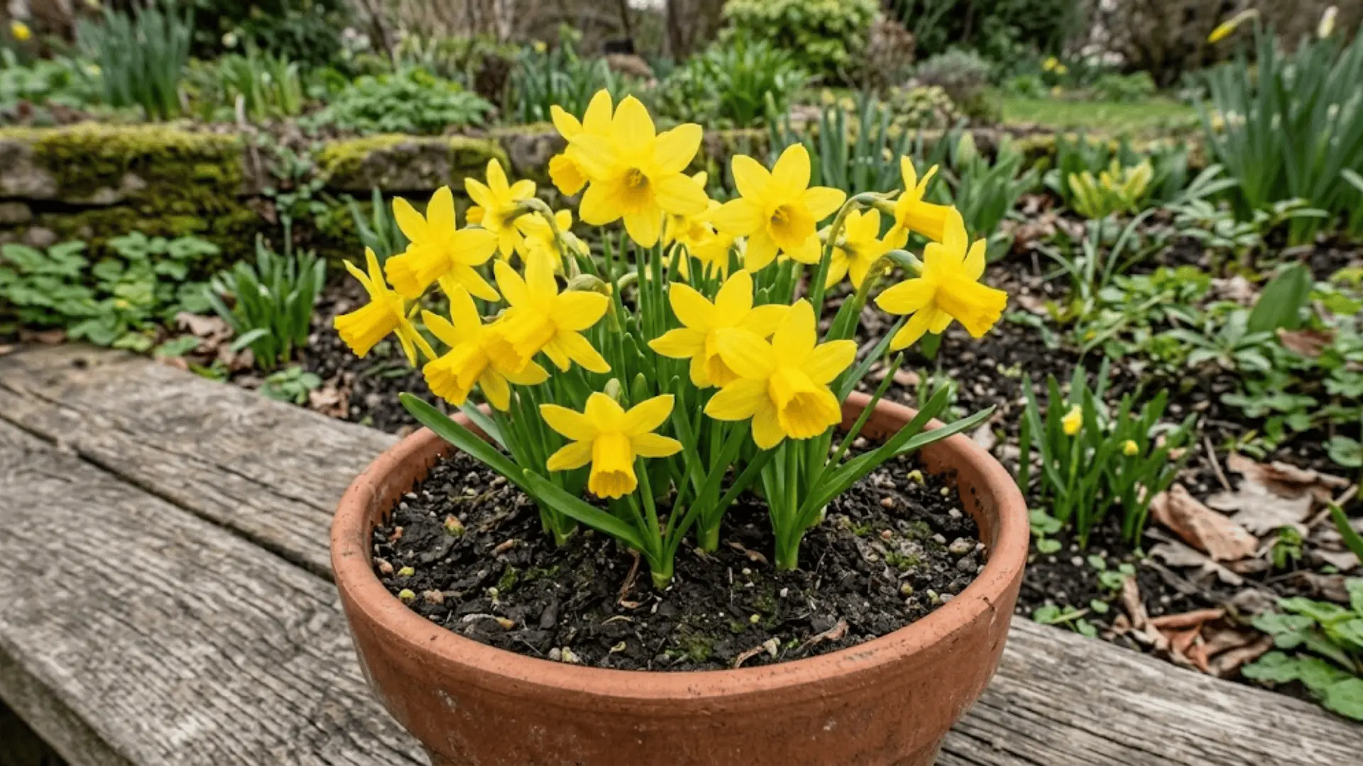 miniature narcissus tete a tete in a terracotta container with small yellow blooms in spring light