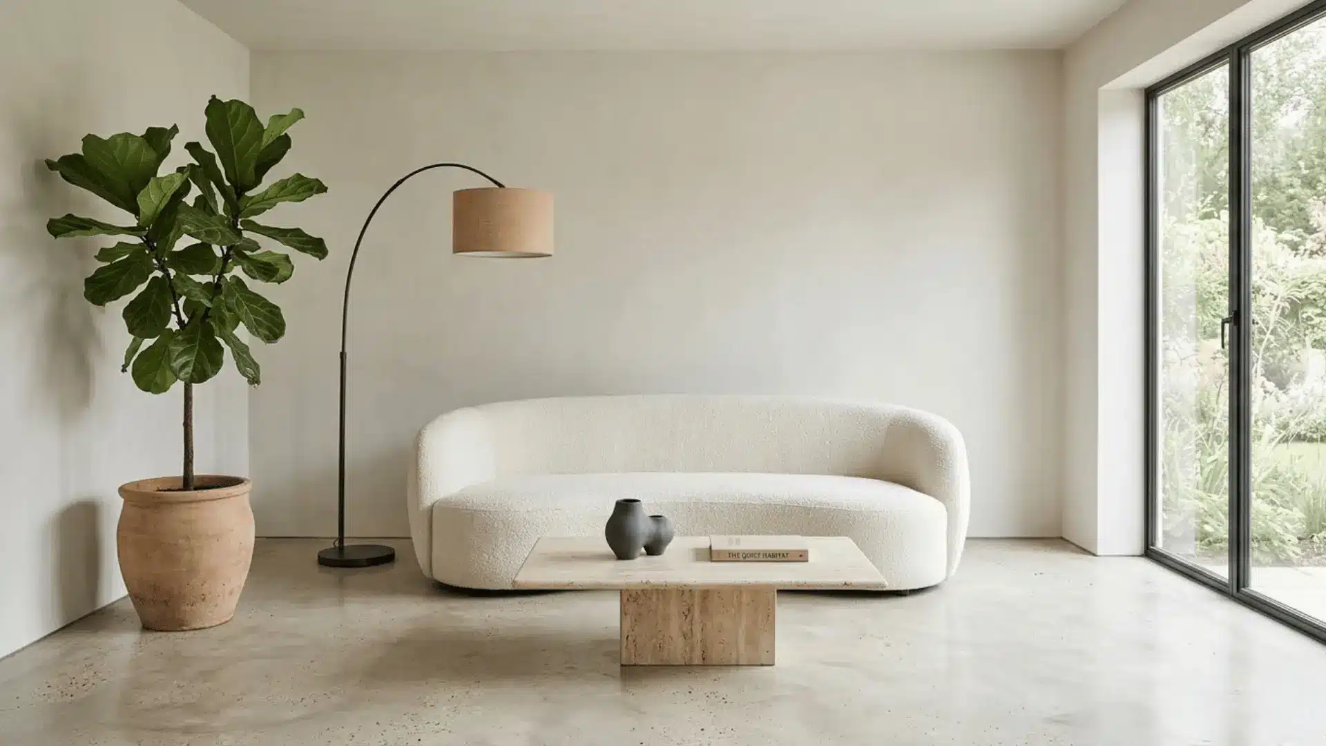minimalist living room with greige walls, curved bouclé sofa, travertine coffee table, and arched floor lamp