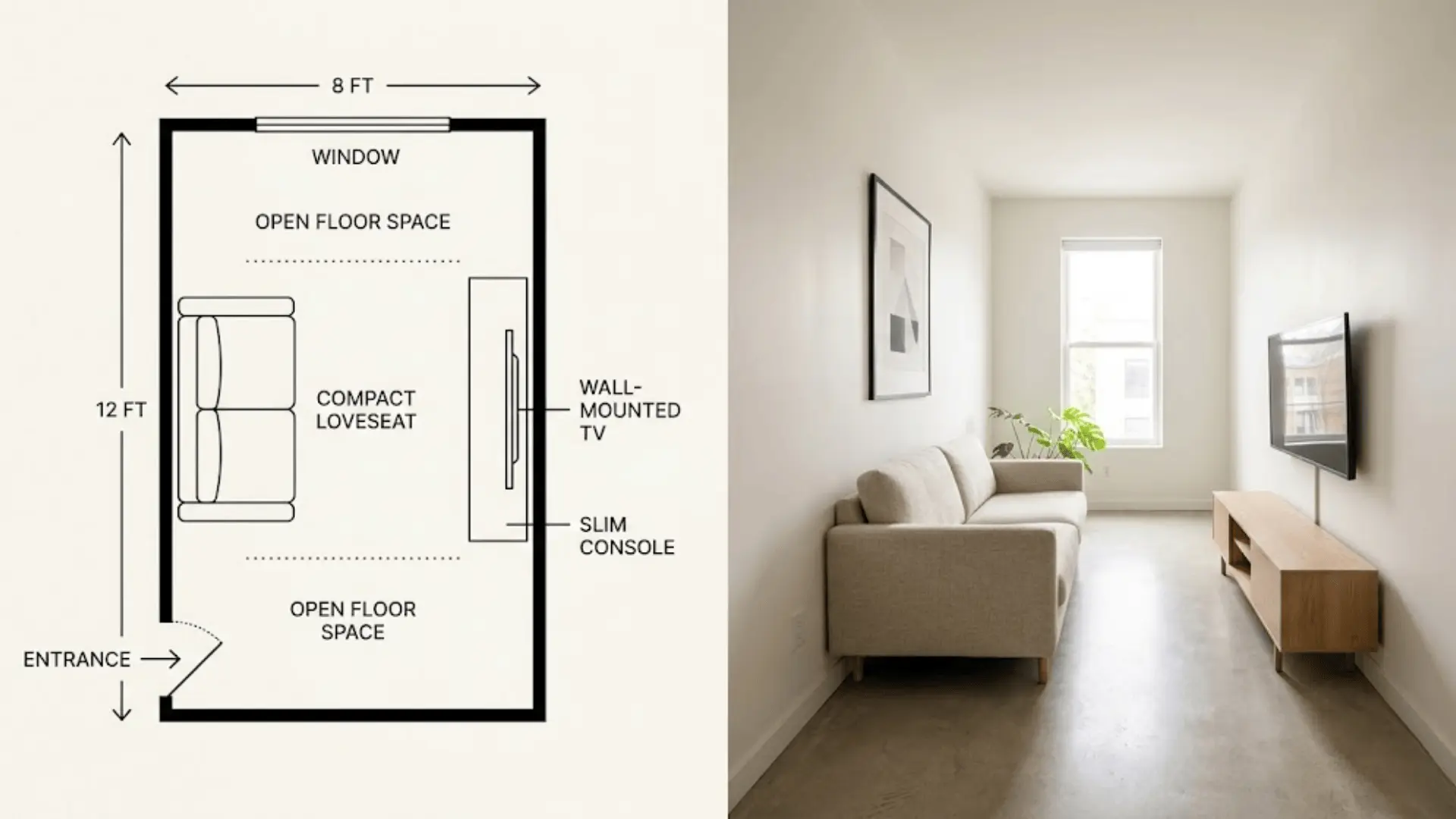 minimalist narrow rectangular living room layout with wall mounted tv and compact loveseat