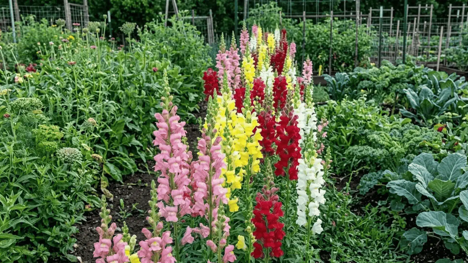 mixed snapdragon spikes in pink yellow and red photographed in cool morning garden light with sharp floret detail