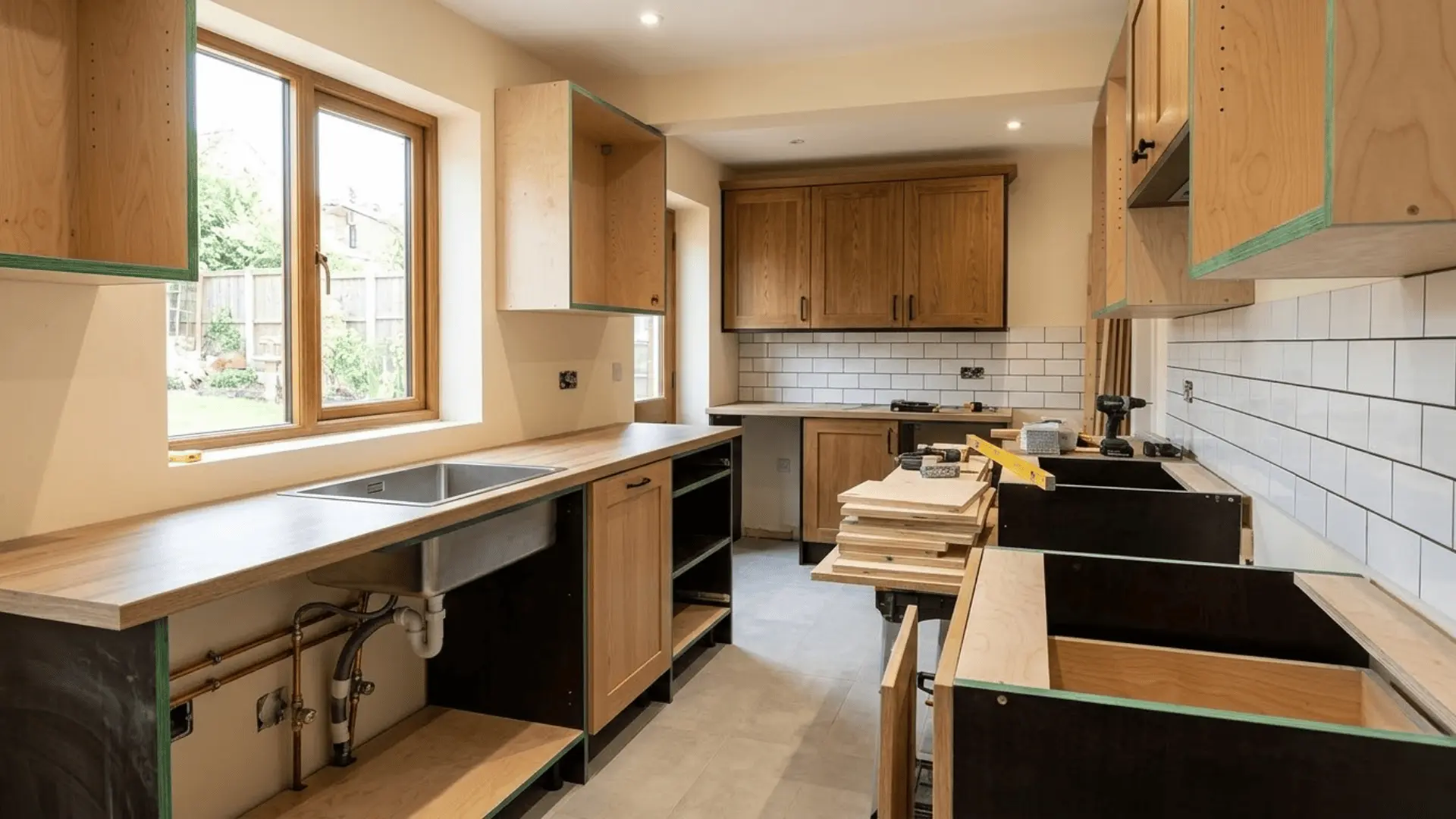 moisture-resistant plywood cabinet carcasses in a kitchen under construction with green-tinted core edges