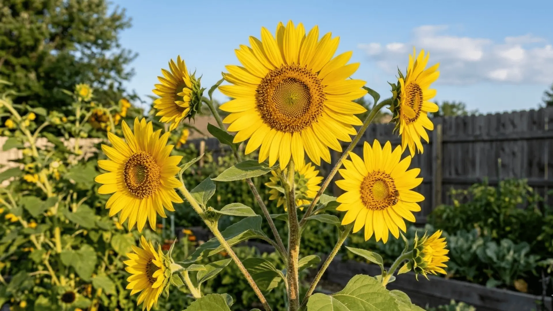 multi-headed sunflower with detailed seed spirals and golden petals photographed in warm afternoon garden light