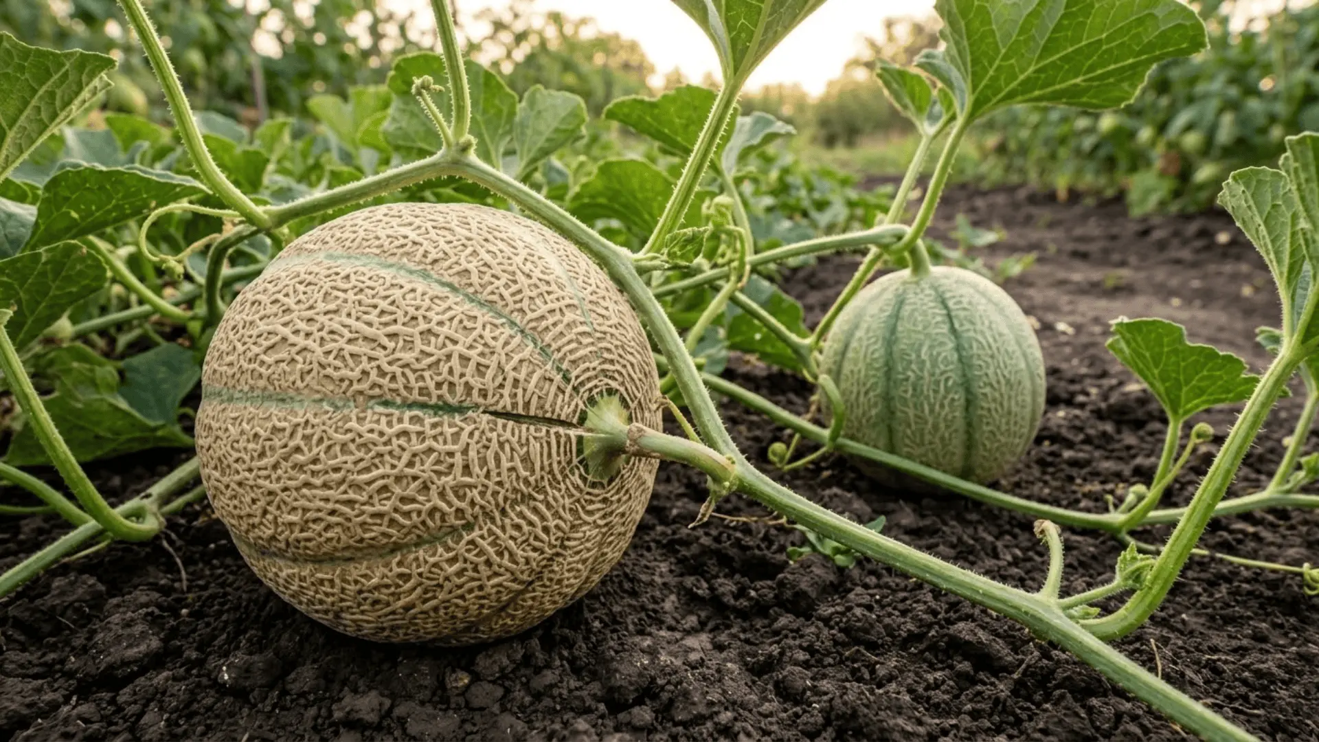 nearly ripe cantaloupe with tan netted rind resting on soil beside green vines in a garden