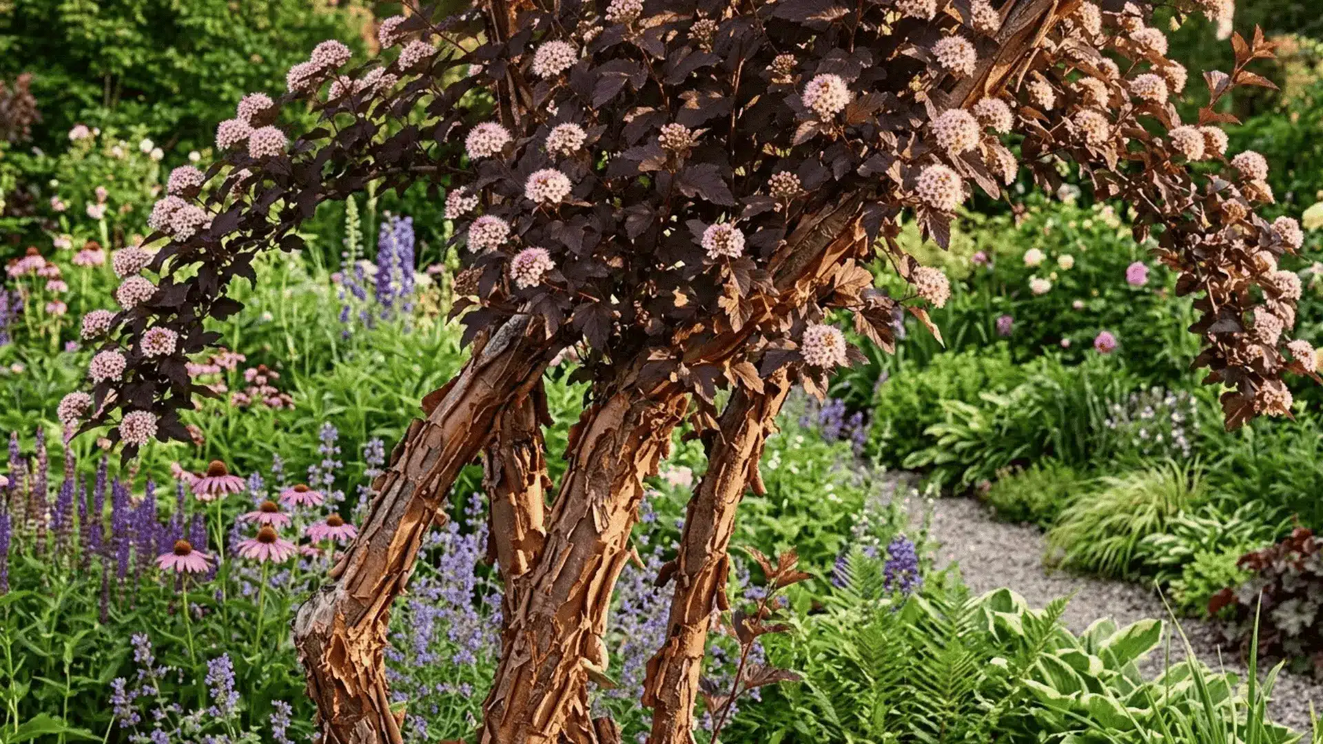 ninebark shrub with deep burgundy foliage and peeling bark texture in a naturalistic garden