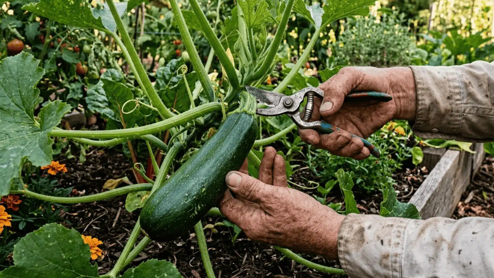 one hand steadying a green zucchini while the other positions garden shears at the stem in a sunlit garden bed