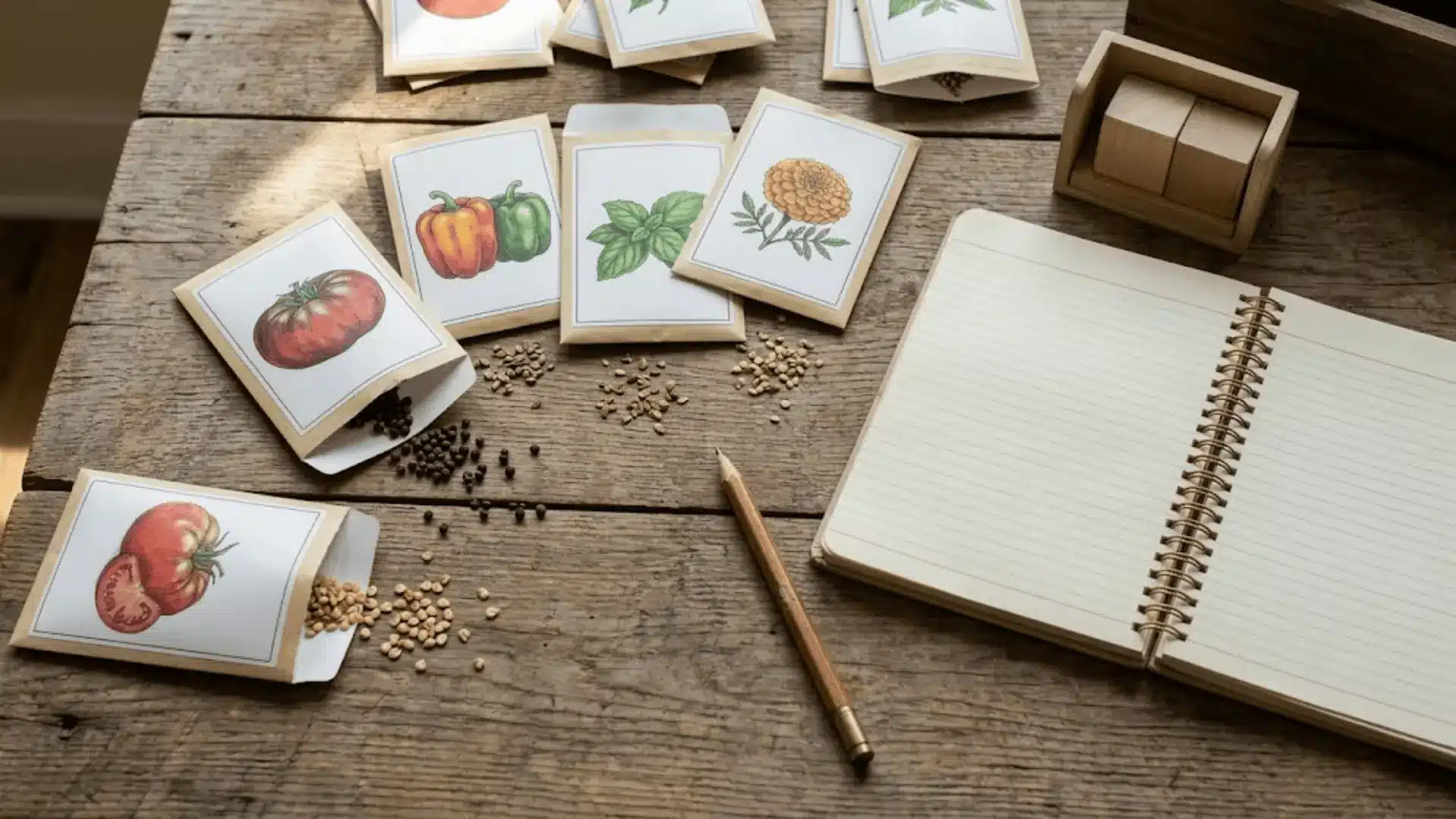 open seed packets with seeds and a garden planner on a rustic wooden table in natural light