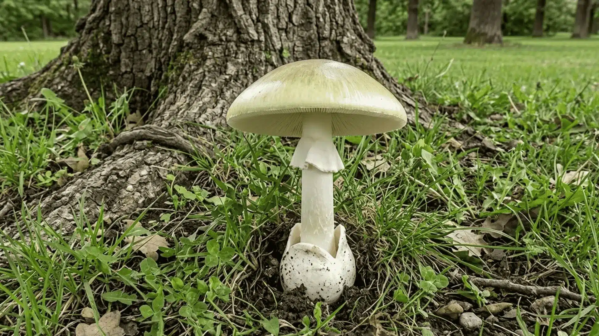 pale green death cap mushroom growing near tree roots in a grassy lawn in diffused light (1)