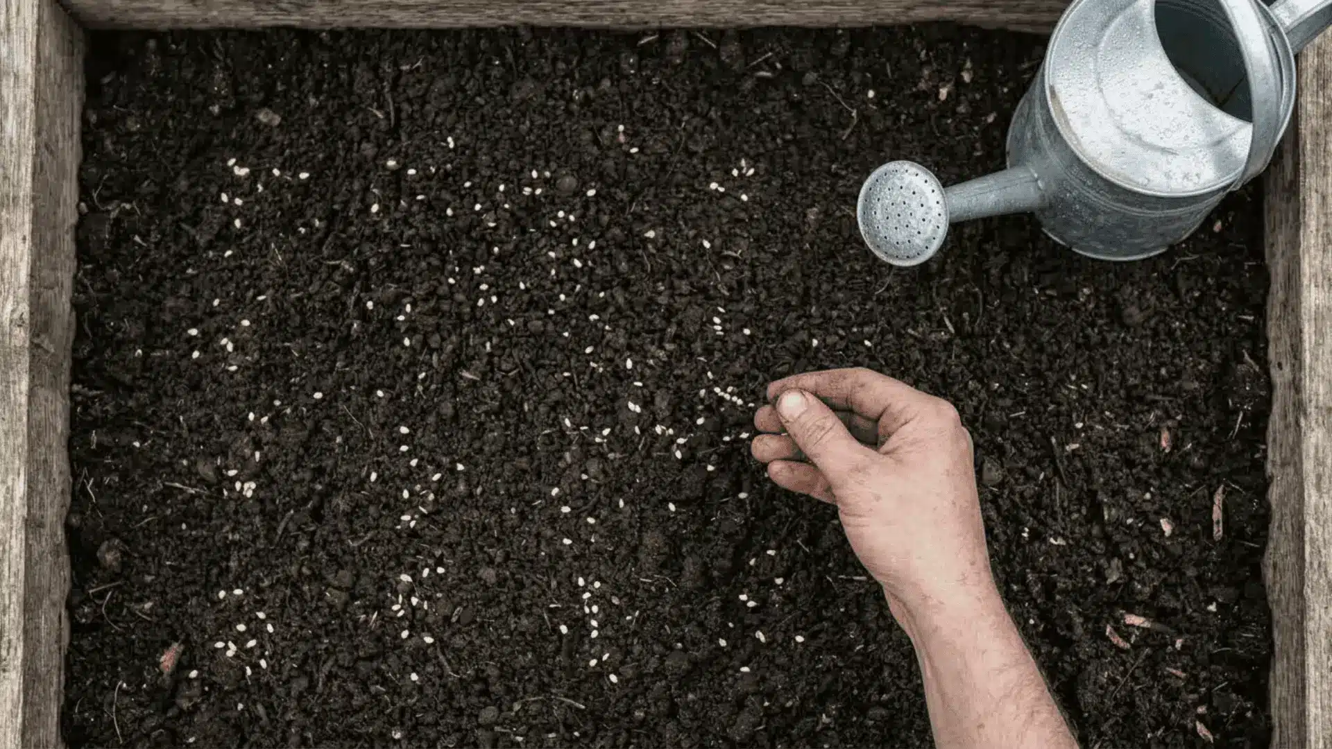 pale lettuce seeds scattered across dark, fine soil surface in a garden bed with a watering can nearby