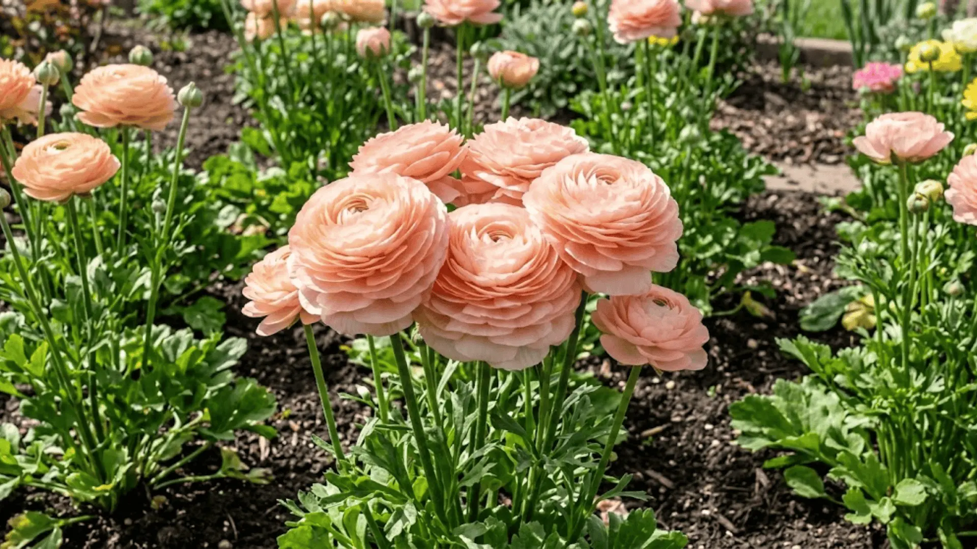 peach and blush ranunculus blooms with tightly layered petals growing in an outdoor garden bed