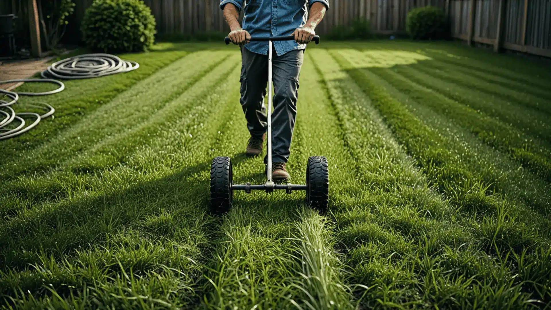 person pushing a broadcast spreader across a dewy residential lawn in soft mid-morning light
