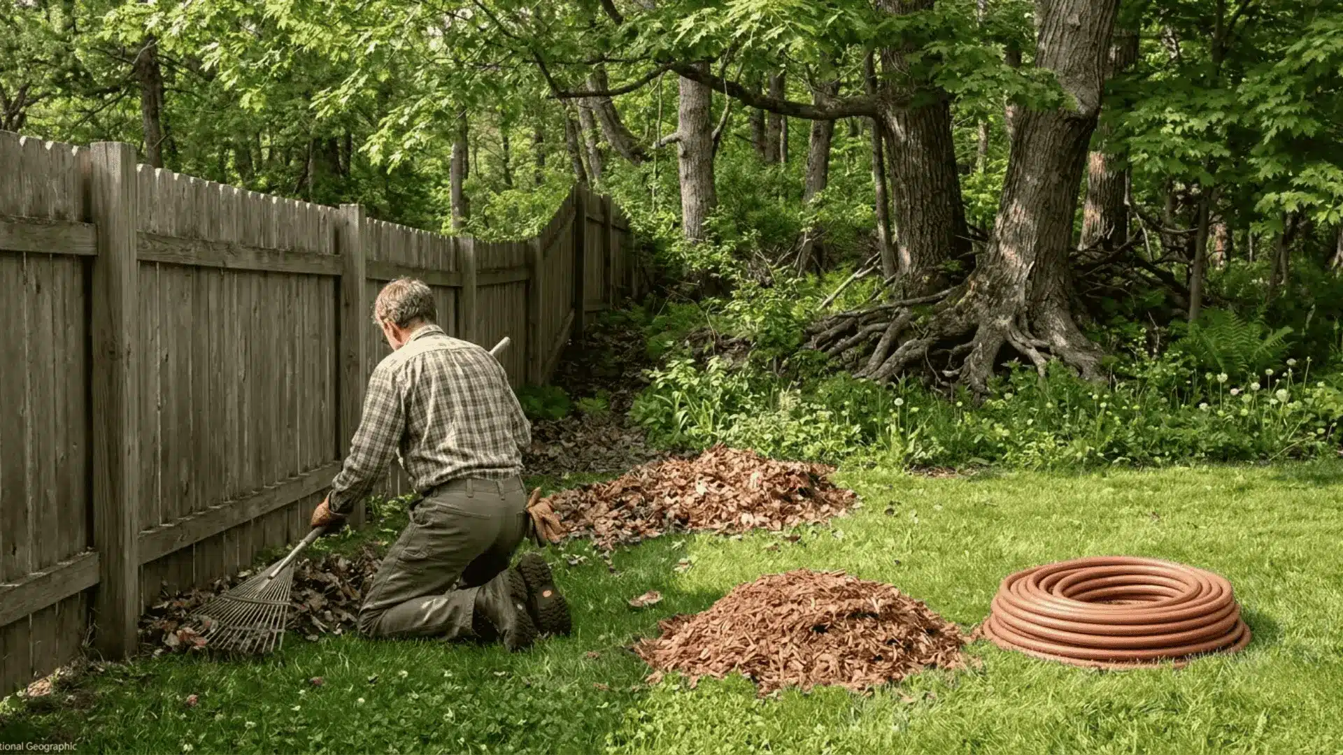 person raking leaf litter along a fence line with mulch nearby, tick yard treatment in progress