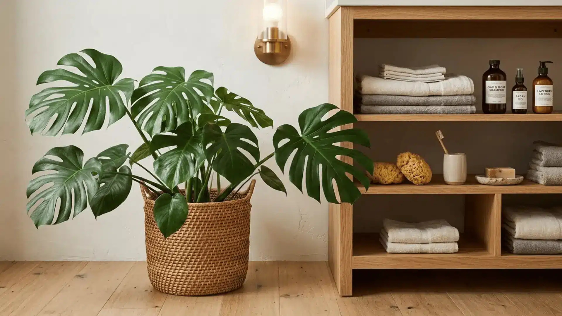 philodendron in a rattan basket on an oak bathroom floor beside an open shelf vanity with white walls