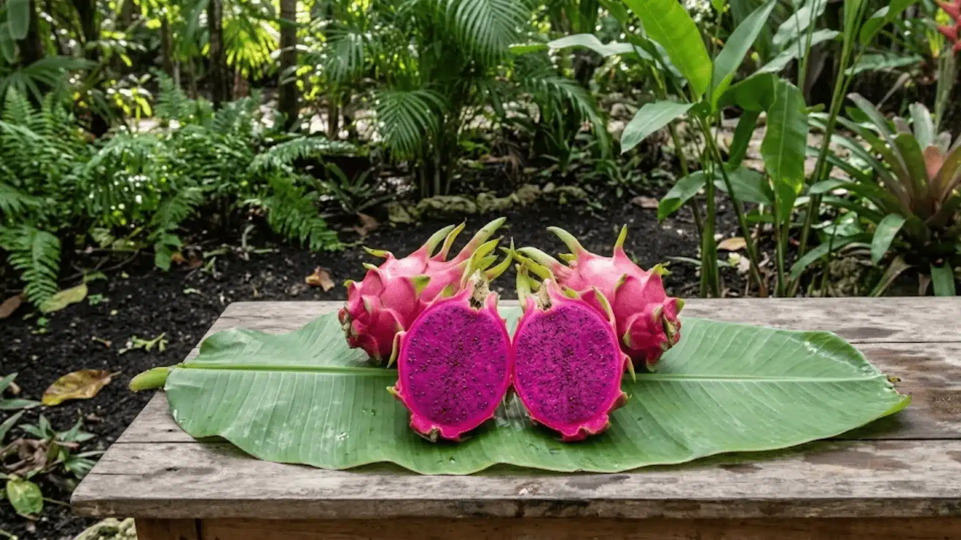 pitaya fruits on a banana leaf in a mexican garden, one sliced open showing magenta flesh