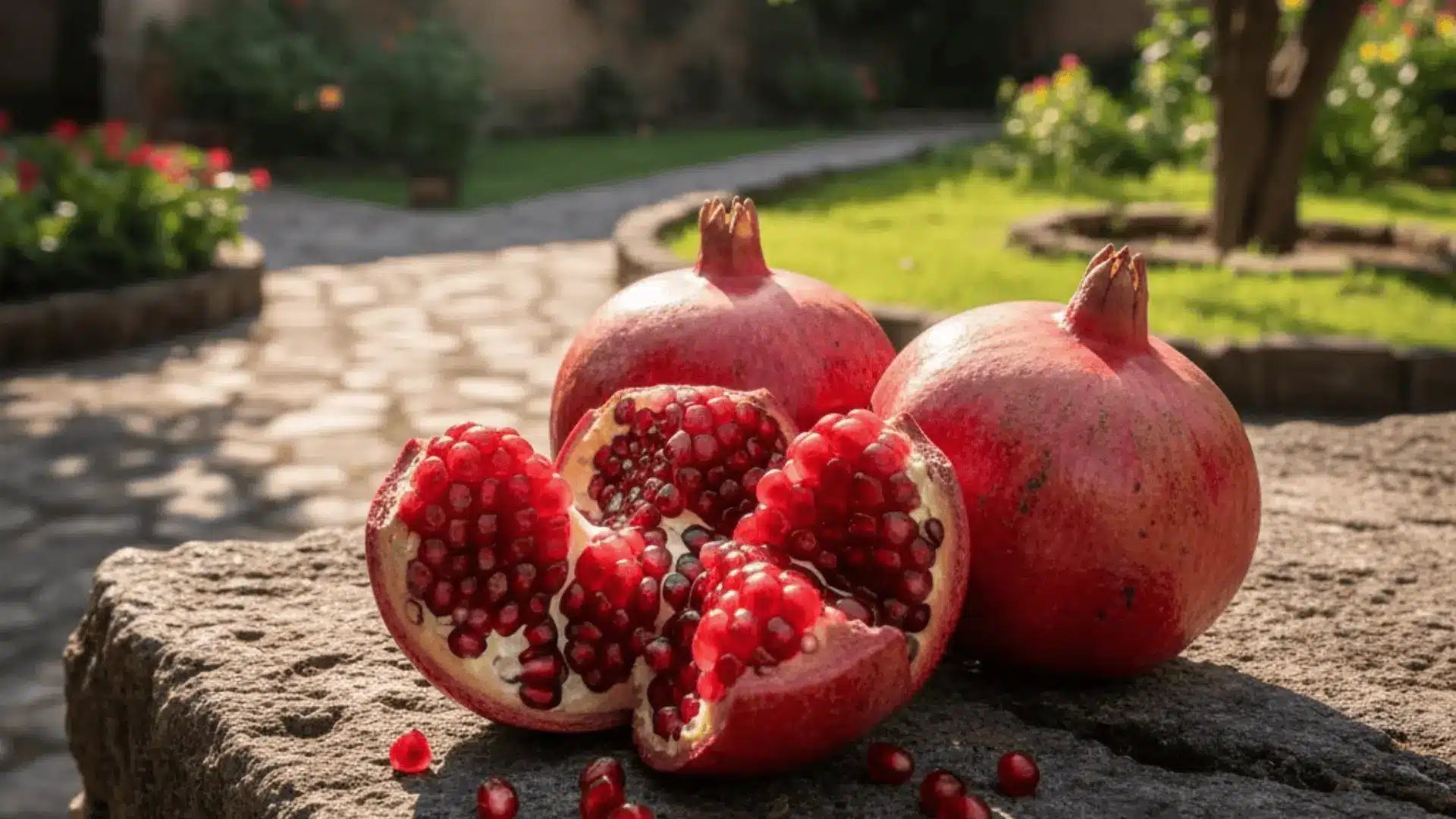pomegranates on a stone surface in a mexican hacienda garden, one broken open showing red arils