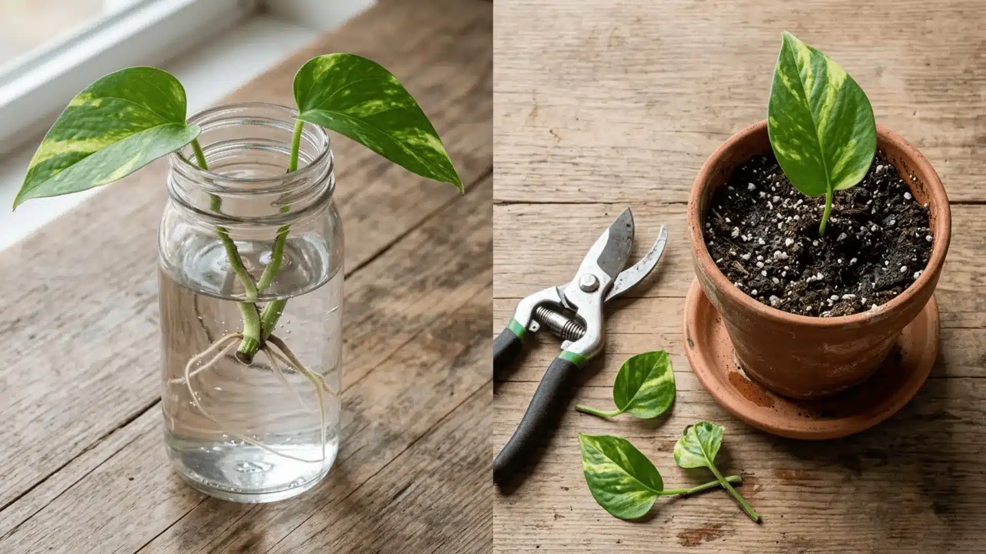pothos cuttings propagating in a clear water jar and a small soil pot placed side by side on a wooden surface
