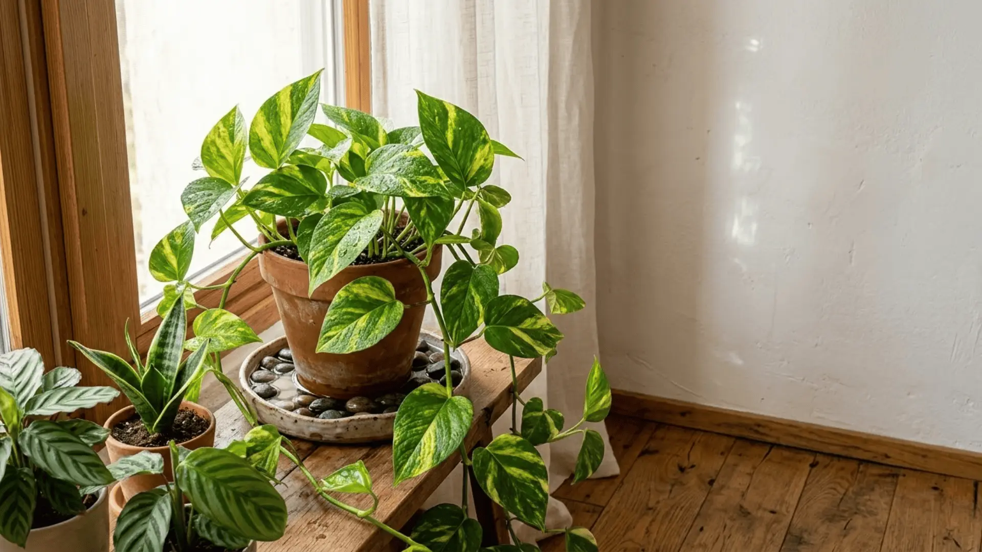 pothos plant near a sunlit window with a pebble tray beneath, grouped with other houseplants in a warm indoor setting