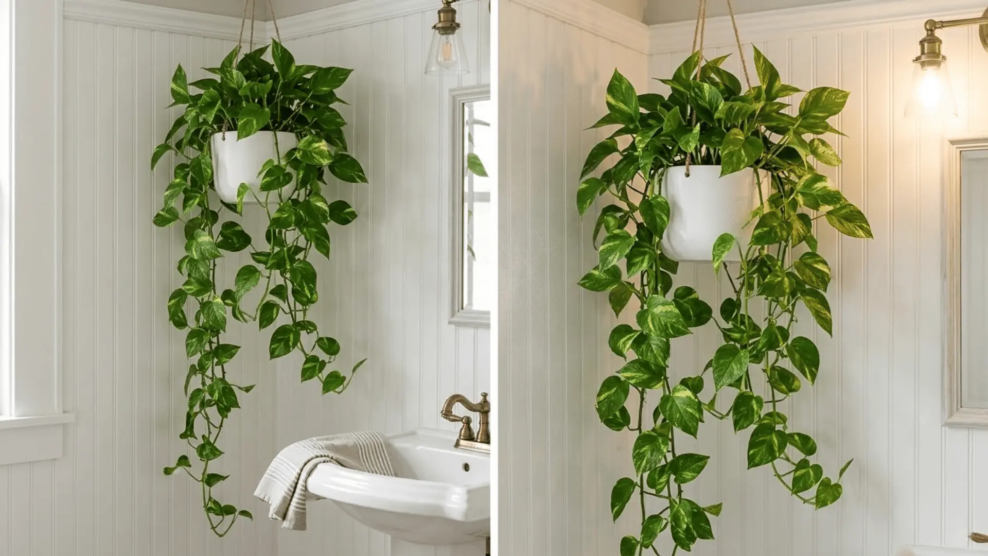 pothos trailing from a hanging planter in a bathroom with white beadboard walls and a pedestal sink