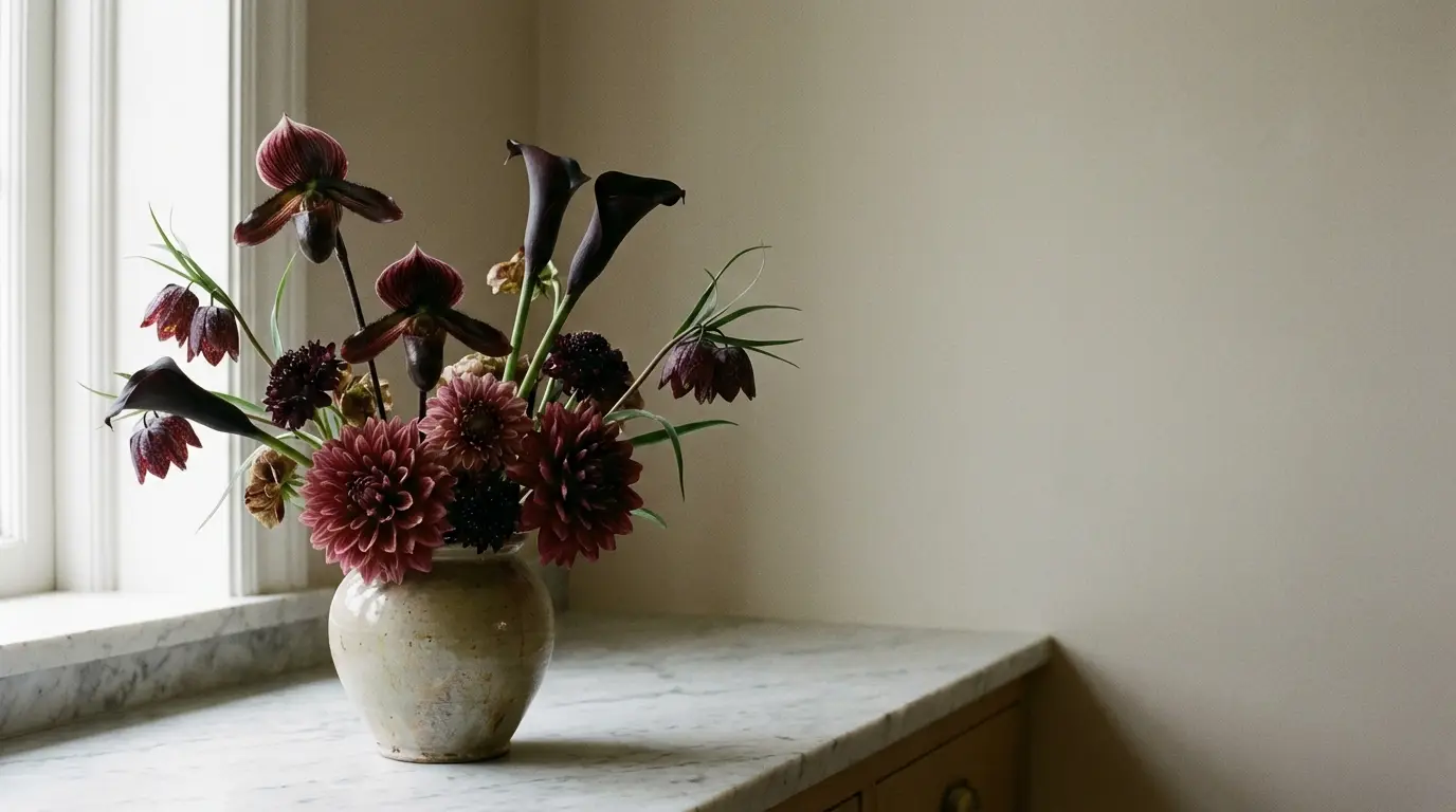 Flower arrangement with burgundy blooms in a ceramic vase on marble countertop near window
