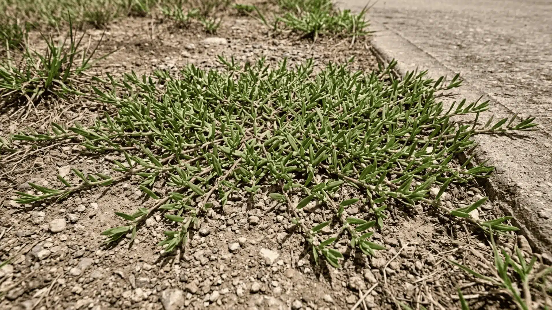 prostrate knotweed forming dense wiry mat along compacted soil path edge with narrow leaves and tiny flowers