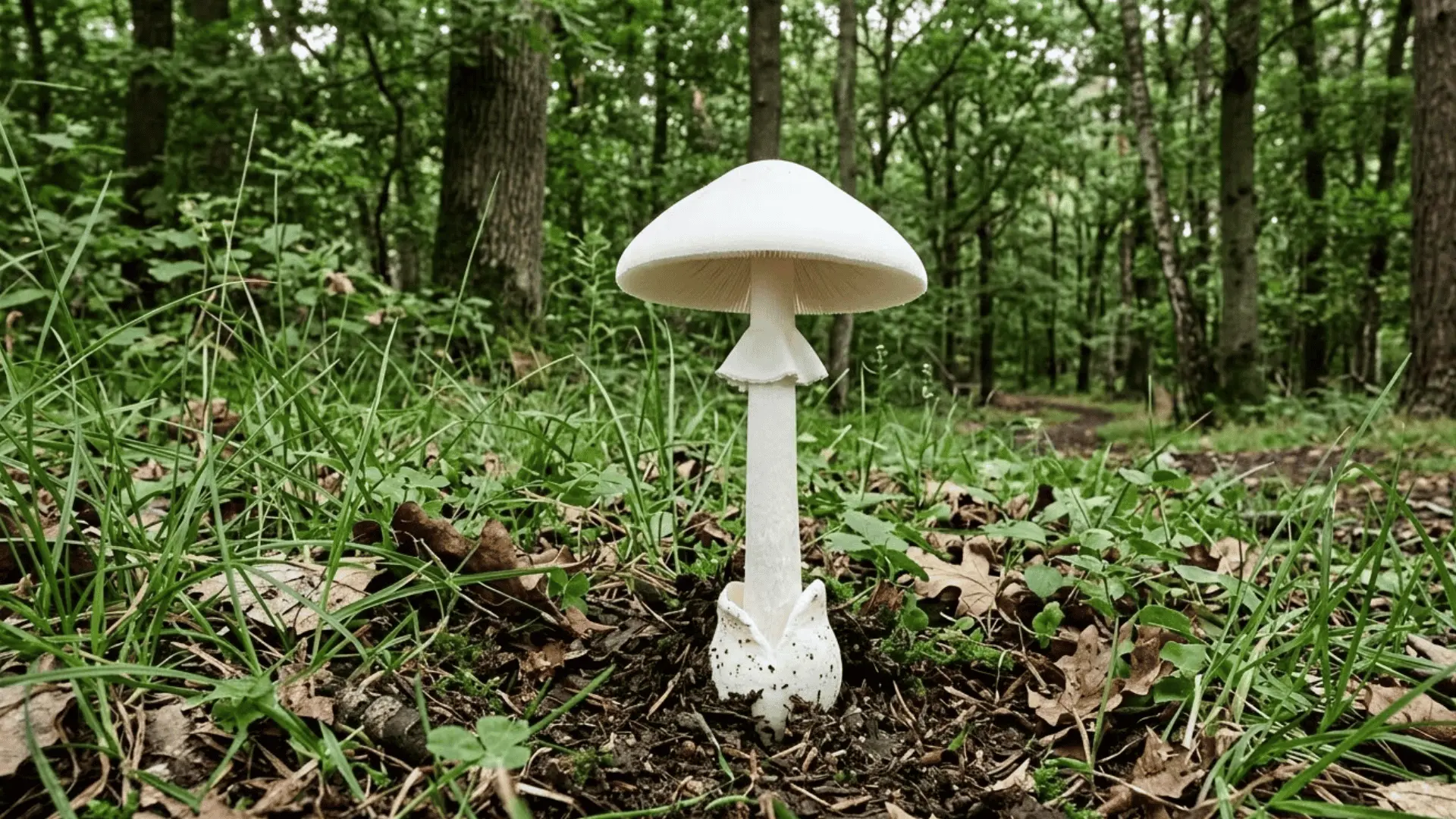 pure white destroying angel mushroom with visible ring and bulbous base in a grassy woodland edge