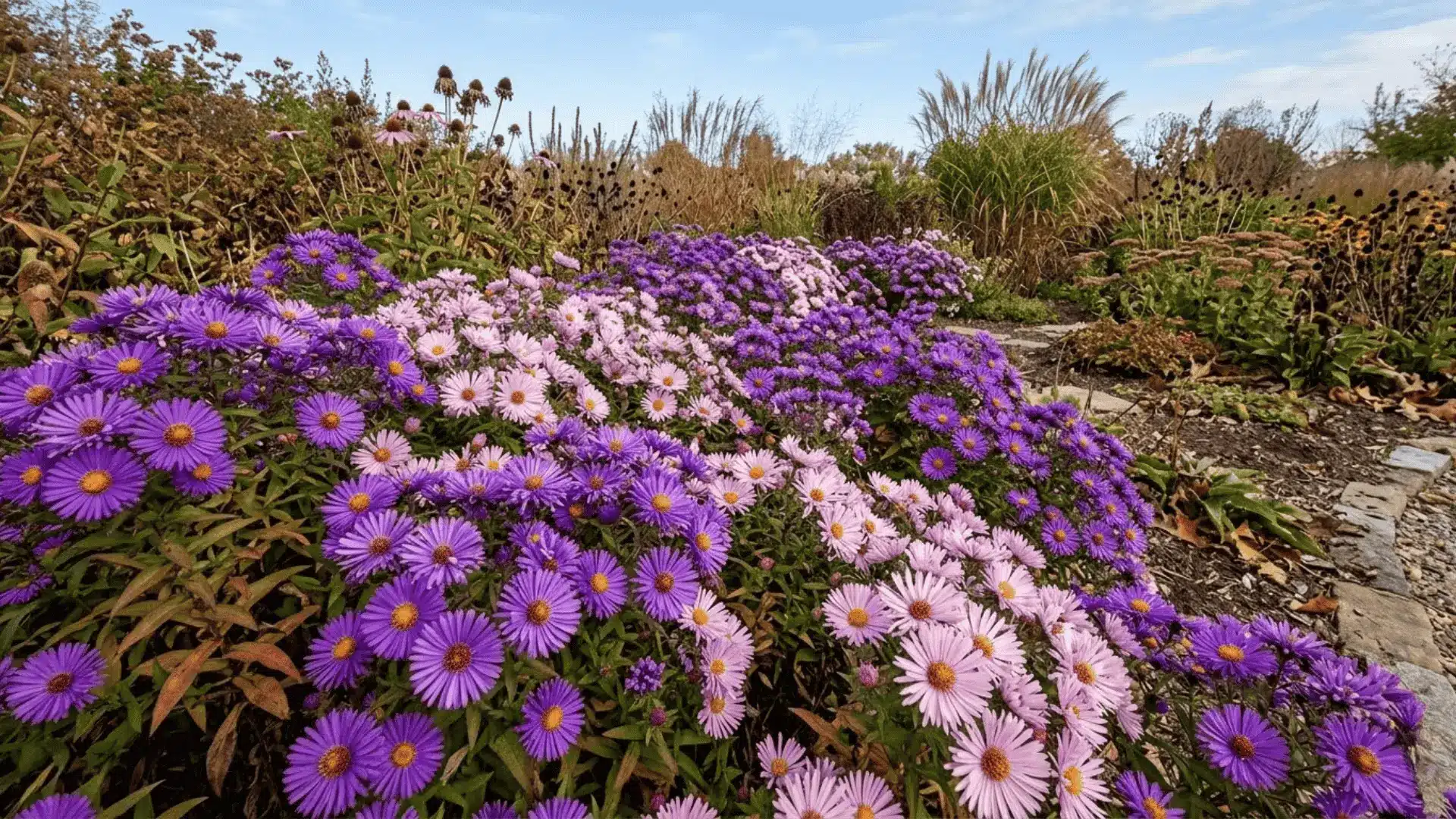 purple and pink asters in full autumn bloom with sharp yellow centers in a naturalistic fall garden