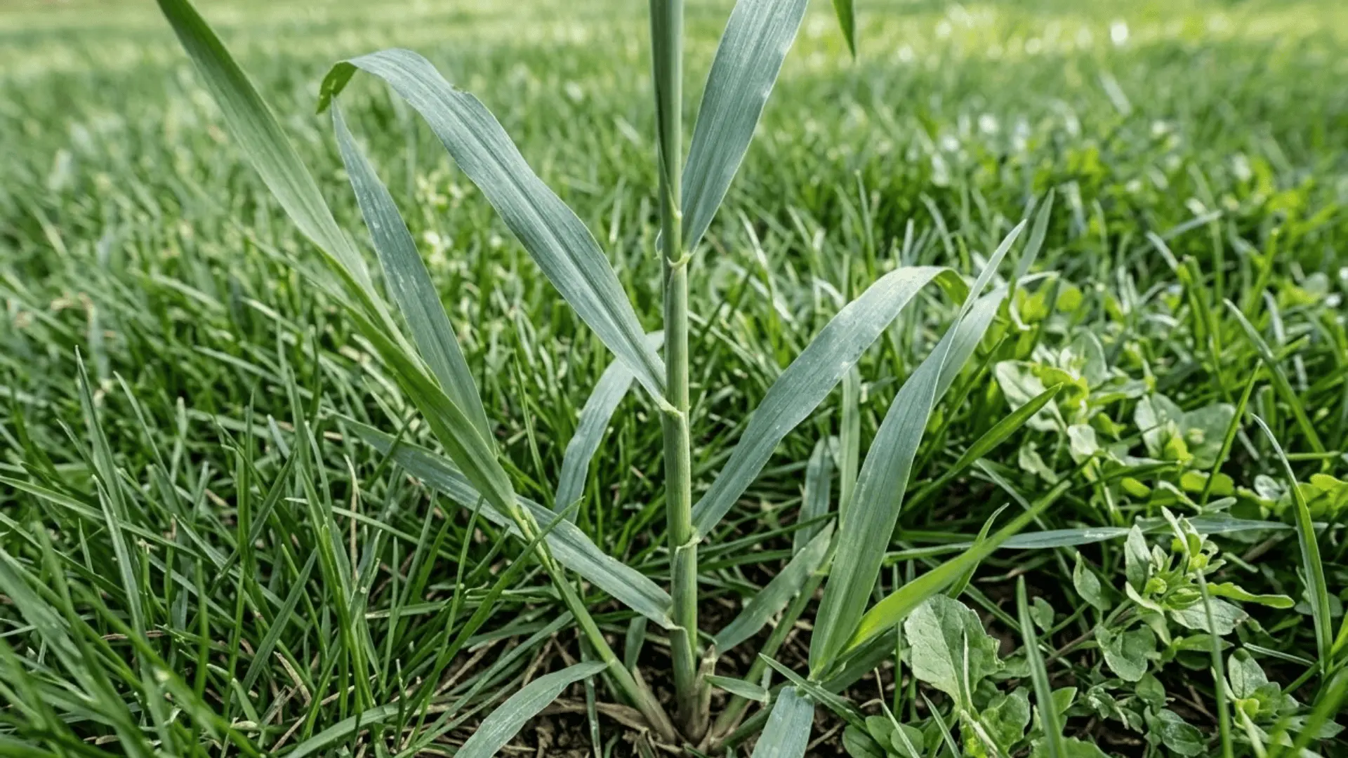 quackgrass with wide rough blades and clasping stem base growing tall above surrounding turfgrass