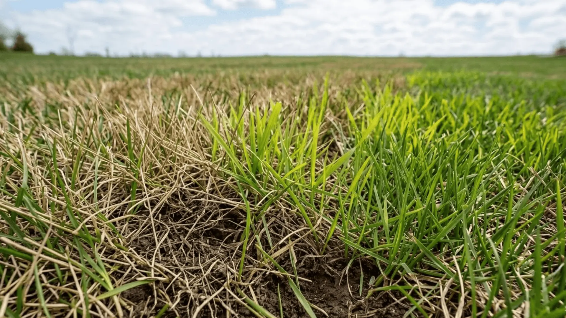 recovering lawn showing green shoots, thickening turf, and white healthy roots visible at soil level