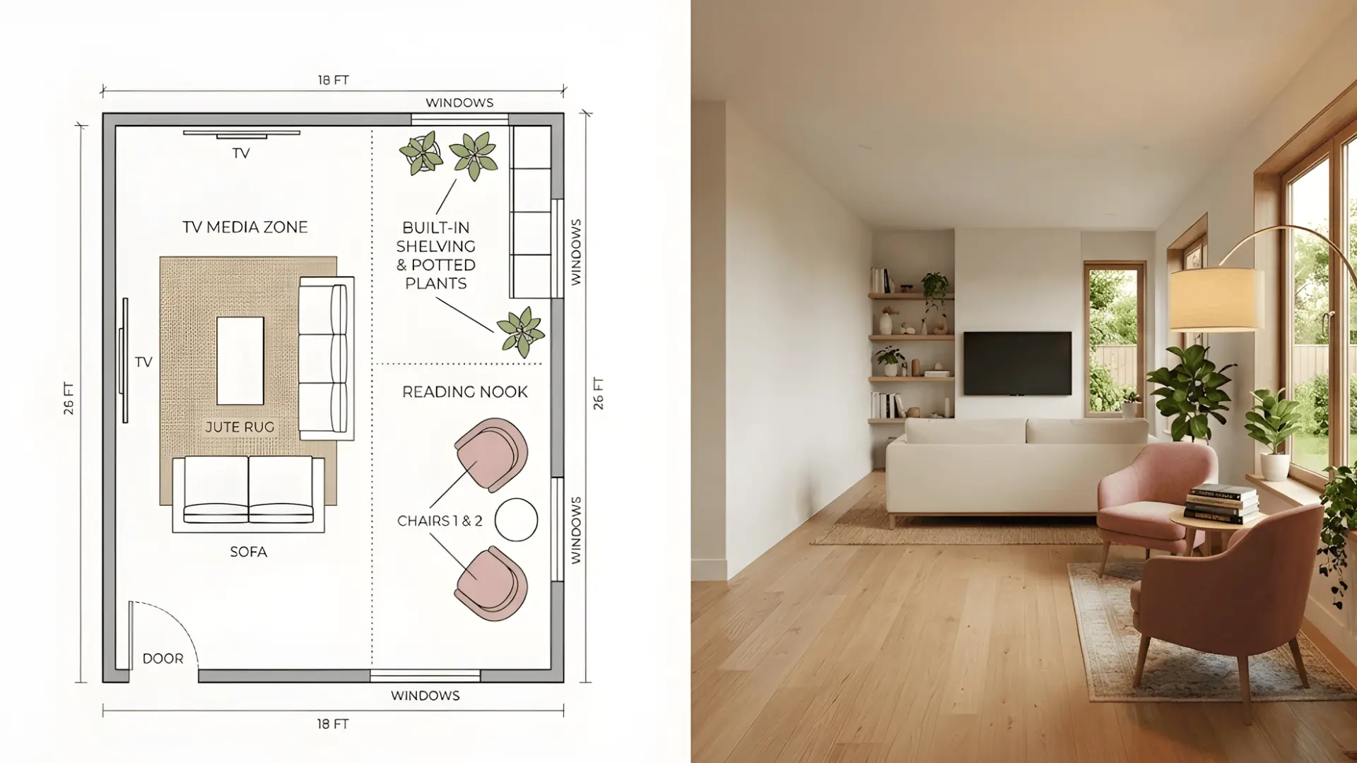 rectangular living room with two conversation areas featuring tv zone and reading nook