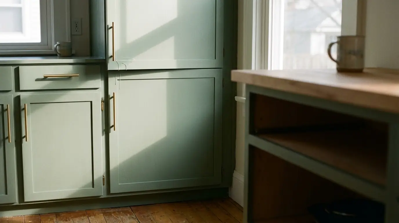 Light green kitchen cabinets with brass handles and morning sunlight through window
