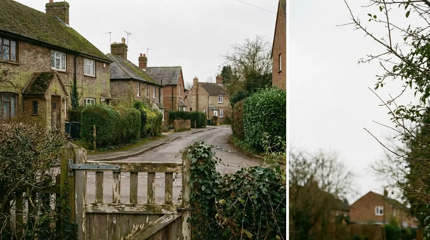 Quaint village street with brick cottages and hedges under overcast sky