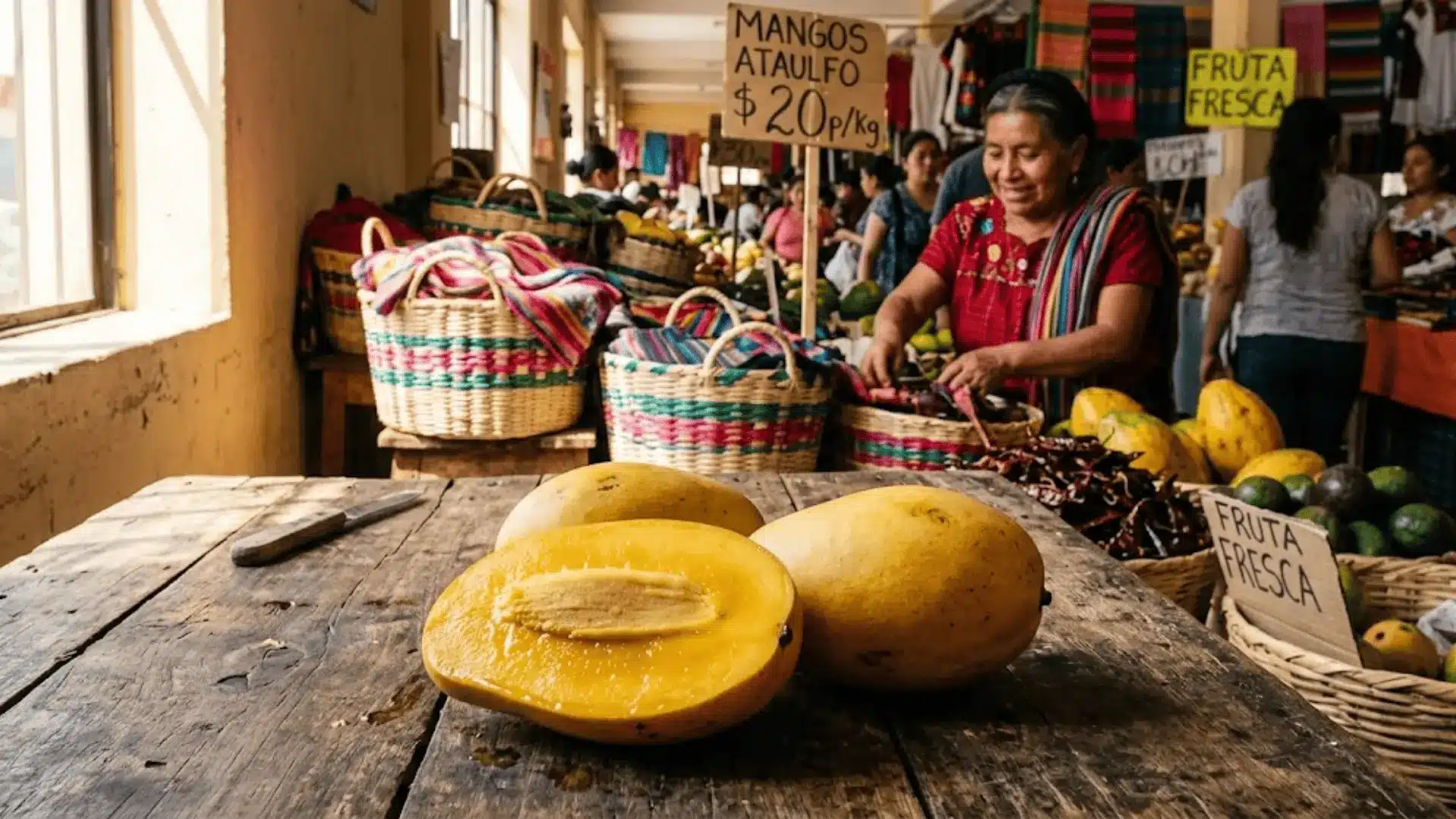 ripe ataulfo mangoes halved on a wooden market table in natural afternoon light, mexico