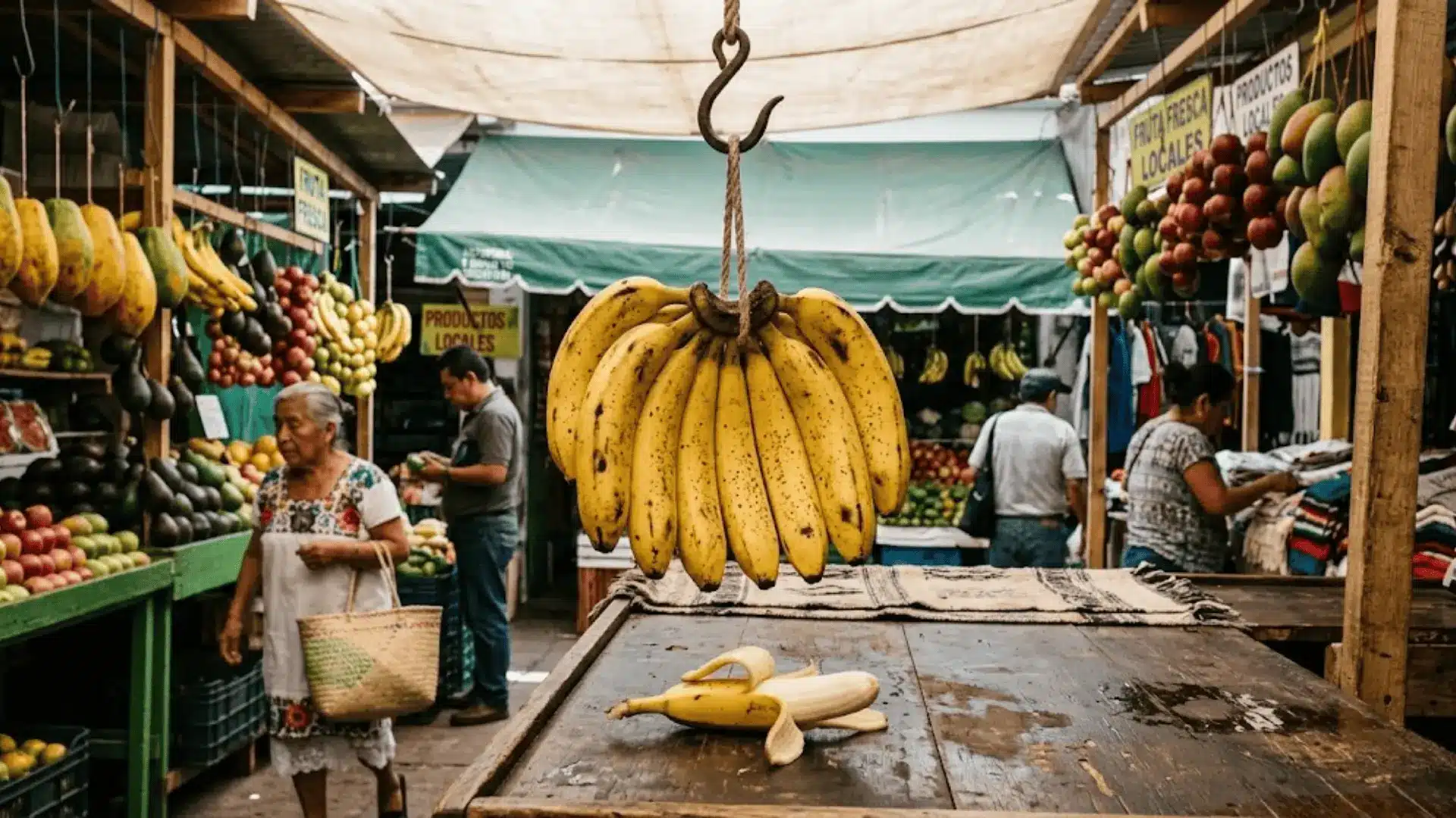 ripe bananas hanging from an iron hook at a busy mexican mercado stall in natural light