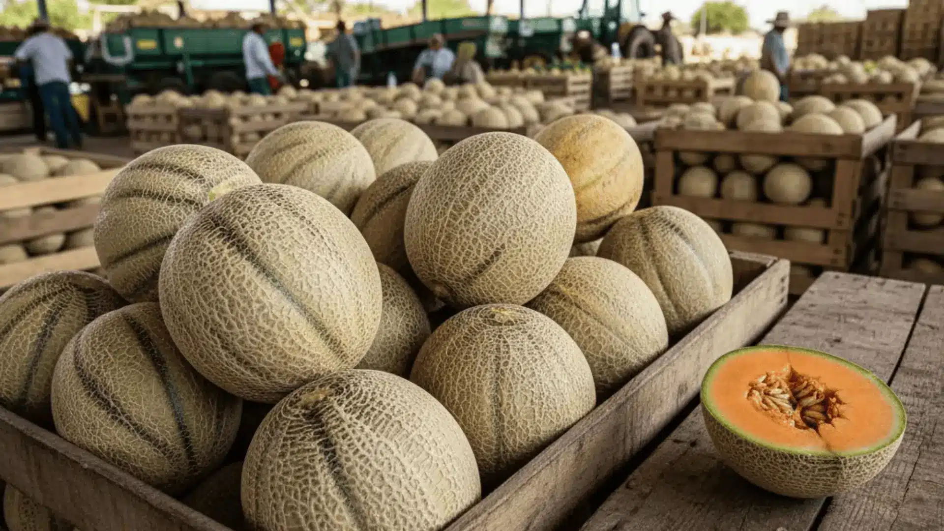 ripe cantaloupes stacked in a crate at a sonora packing station, one halved showing orange flesh