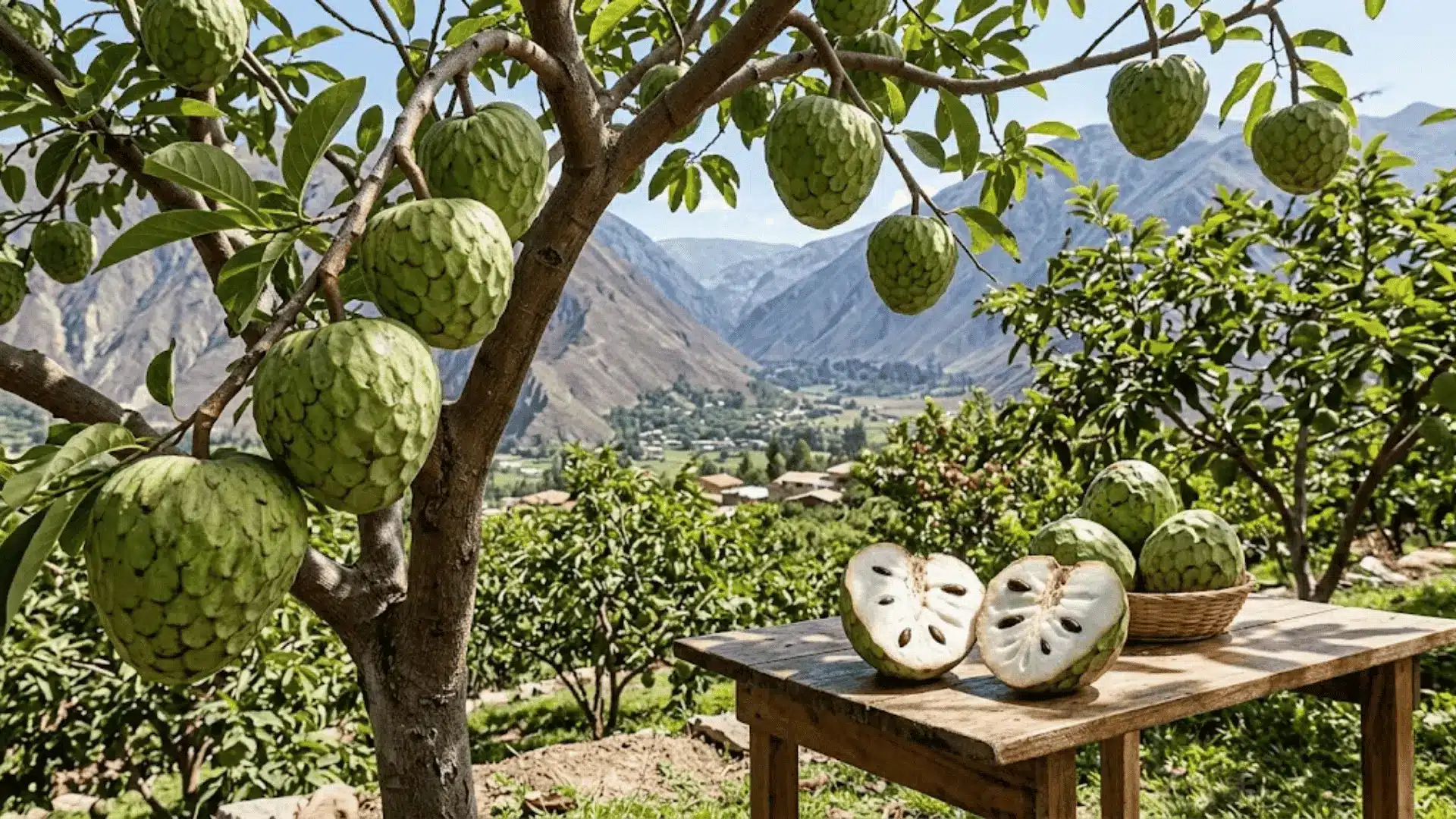 ripe cherimoya fruit on tree and cut open in an andean valley orchard
