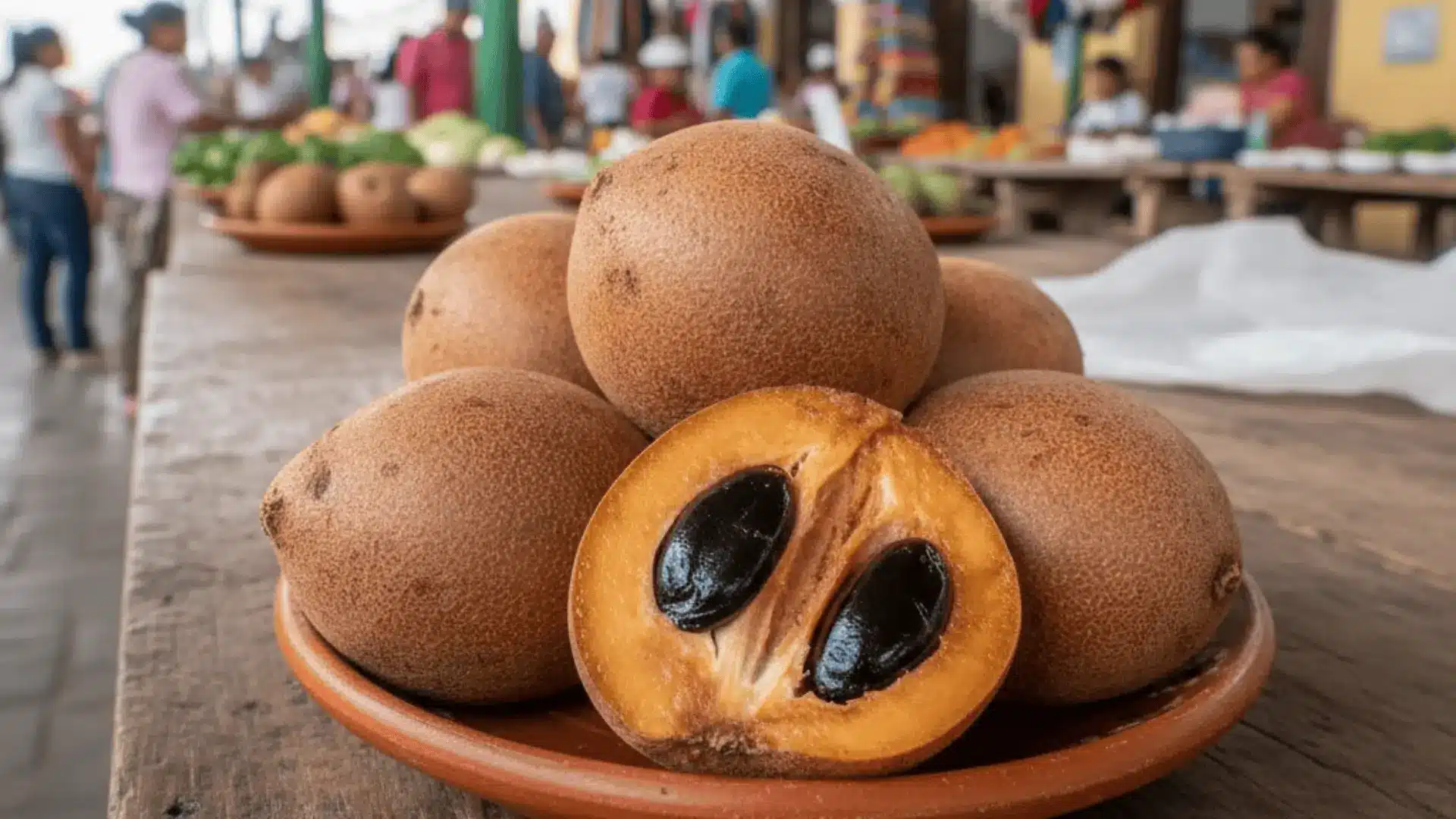 ripe chicozapotes on a clay plate at a yucatán market, one sliced open showing caramel flesh