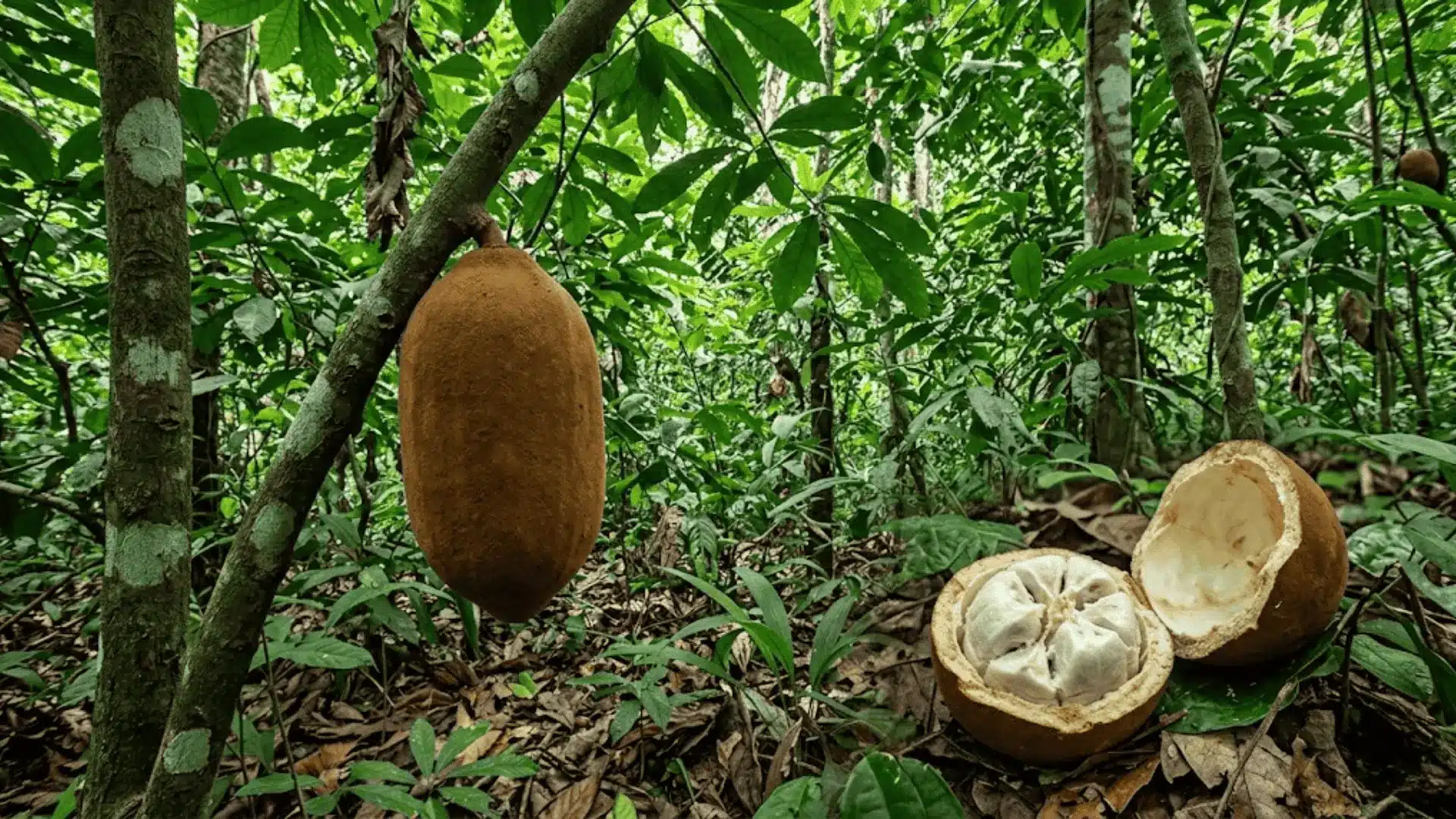 ripe cupuaçu fruit hanging in the amazon rainforest with one cut open on ground